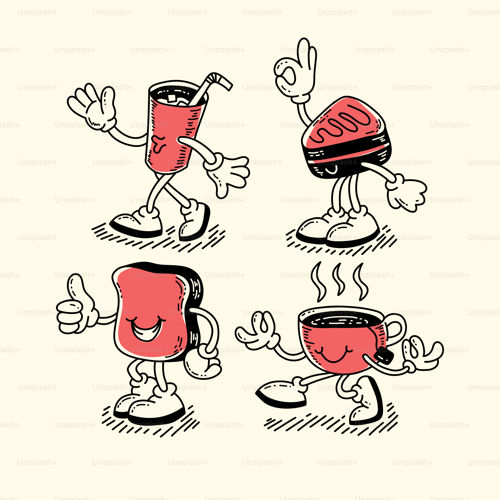 A drawing of a toaster and a cup of coffee
