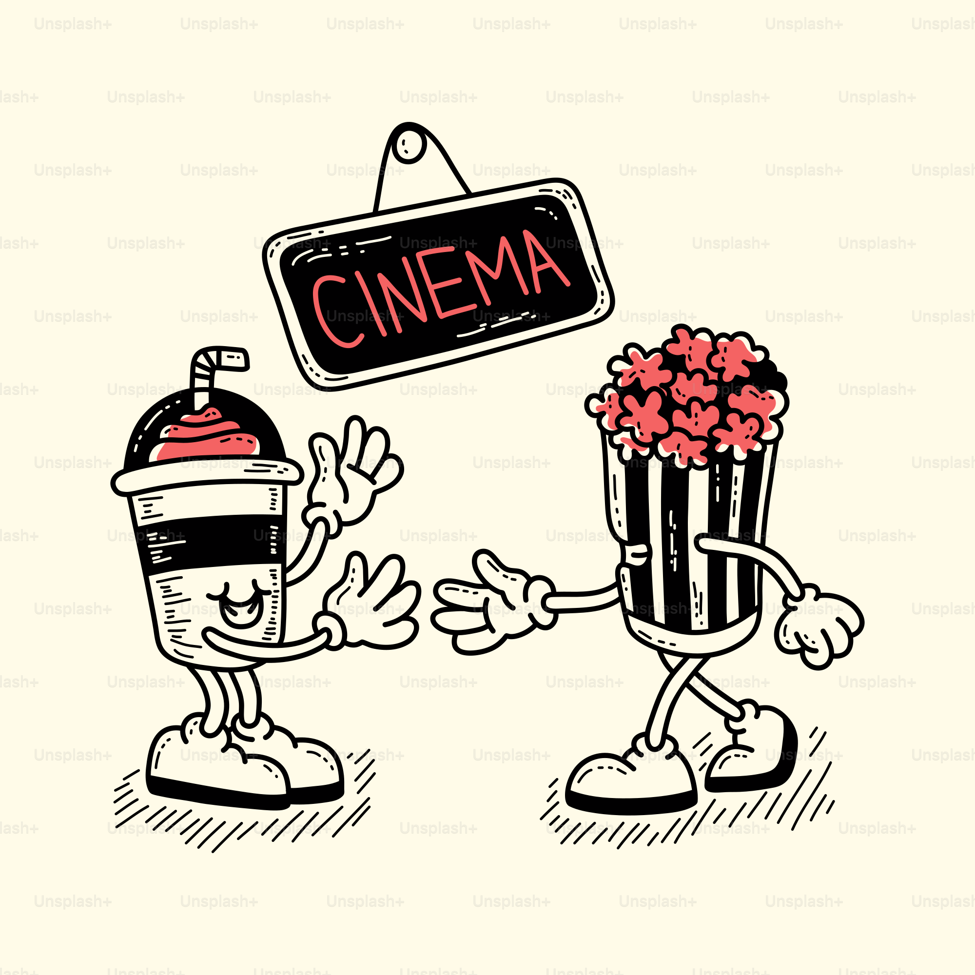 Eine Zeichentrickfigur, die einen Popcorneimer hält und ein Schild mit der Aufschrift Kino