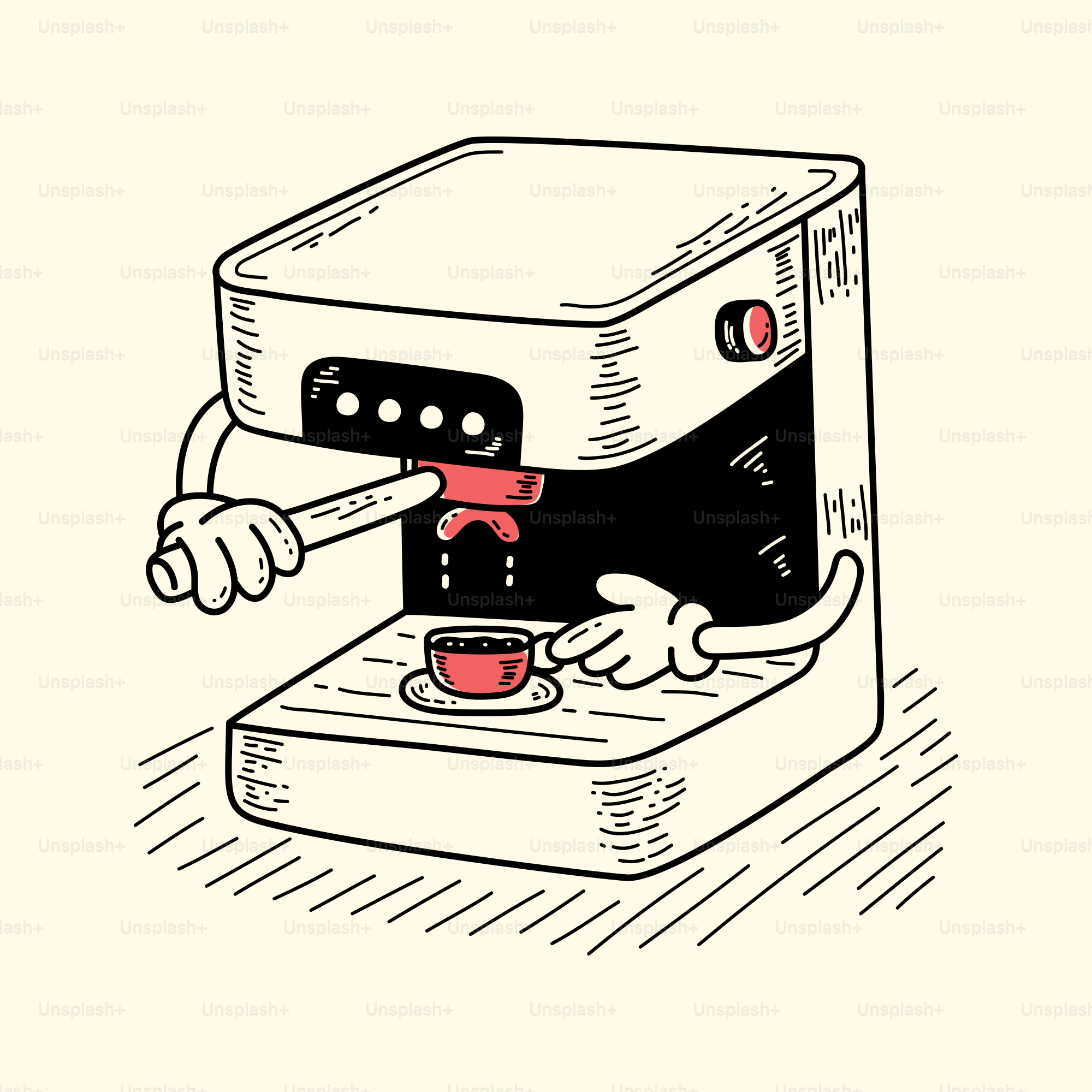 A drawing of a coffee maker with a cup of coffee