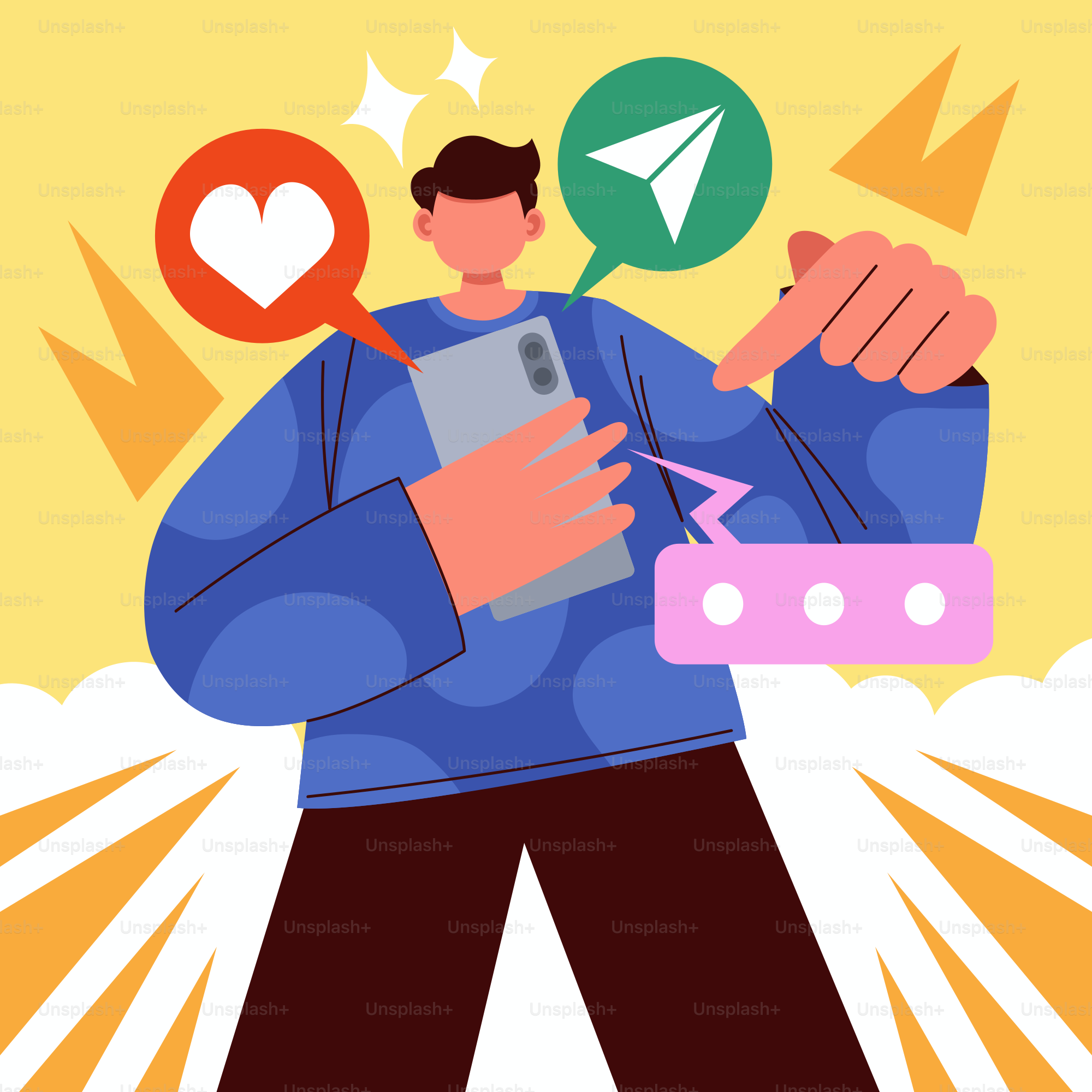 A man holding a smart phone with a message bubble above his head