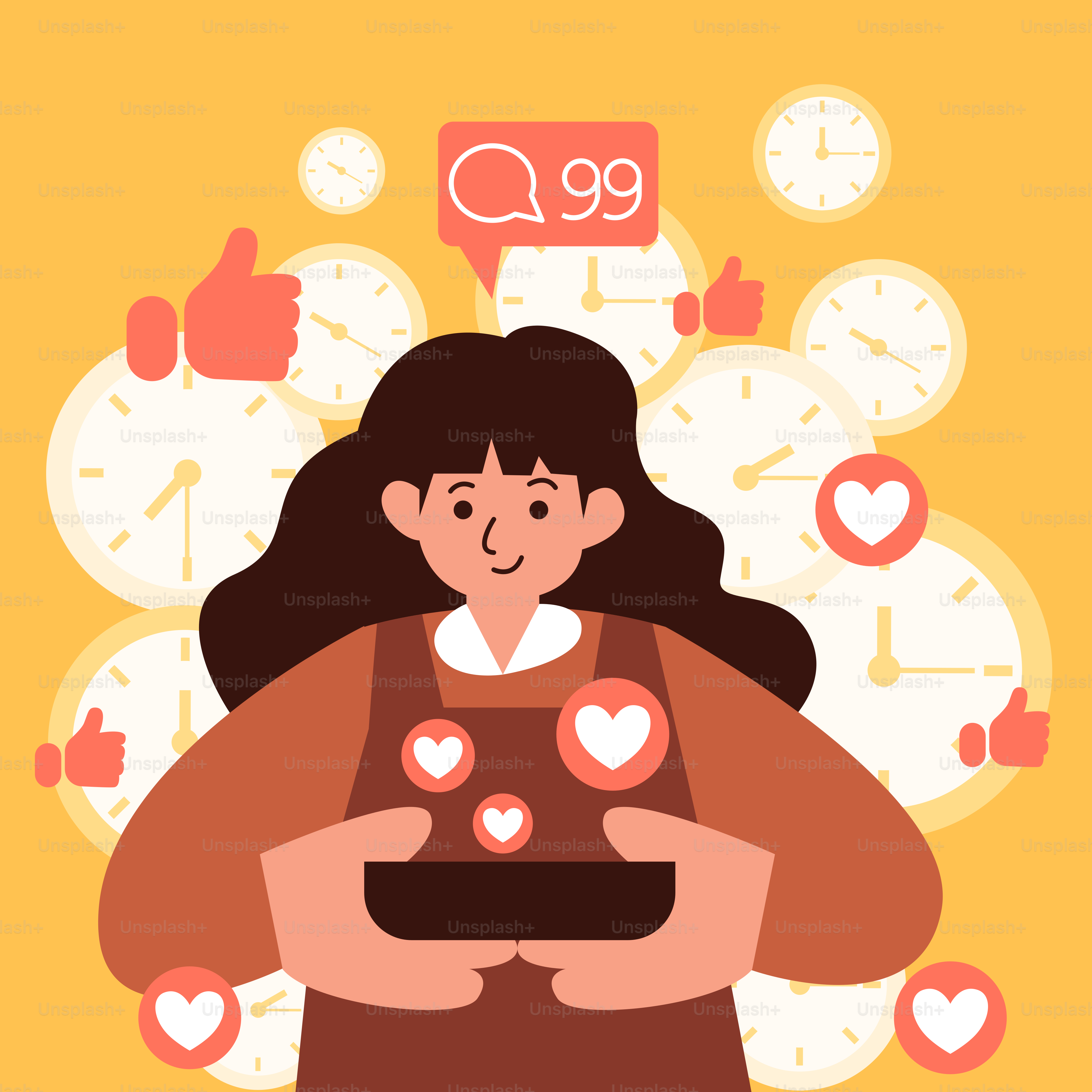 A woman holding a tablet in front of a clock