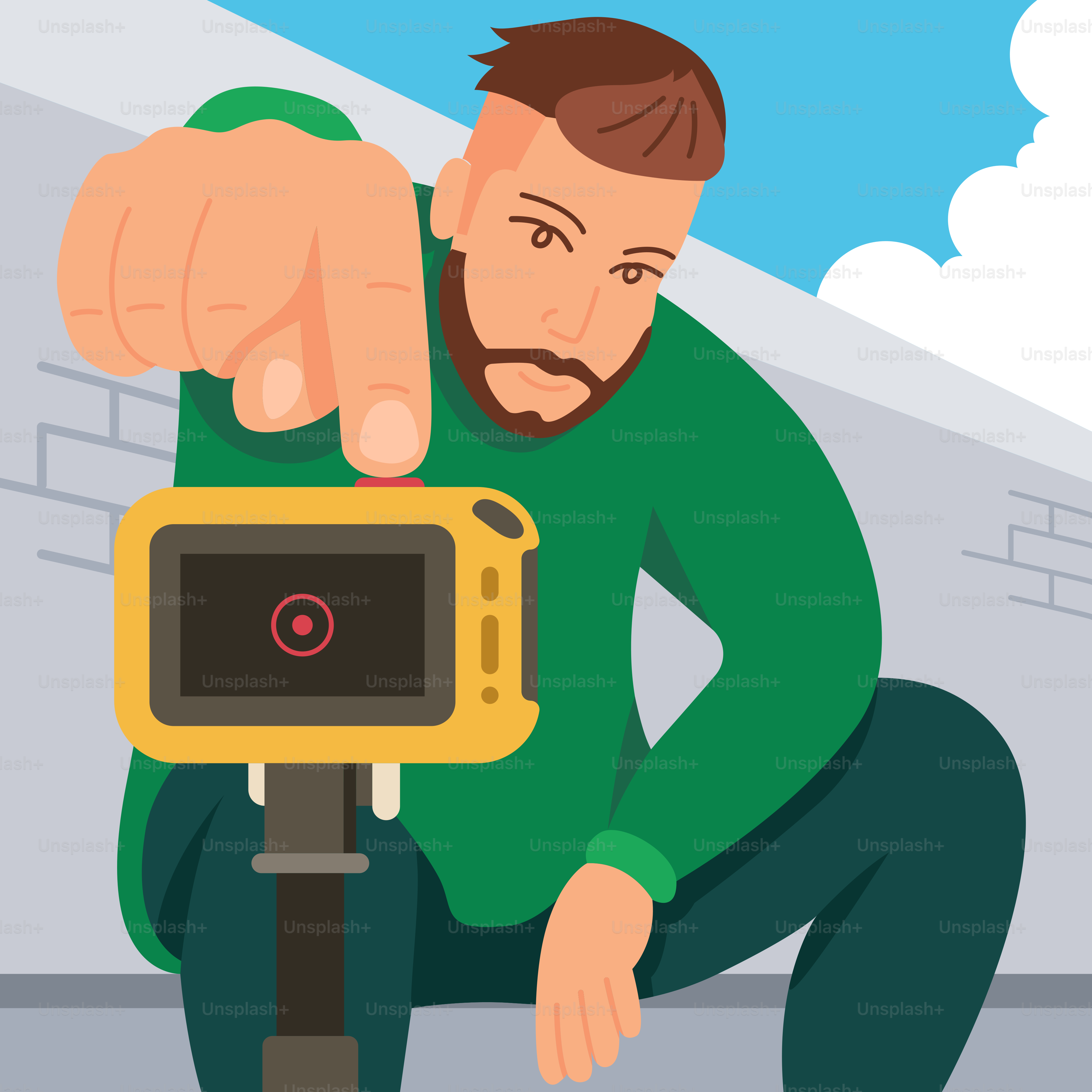 A man squatting down and pointing at a camera