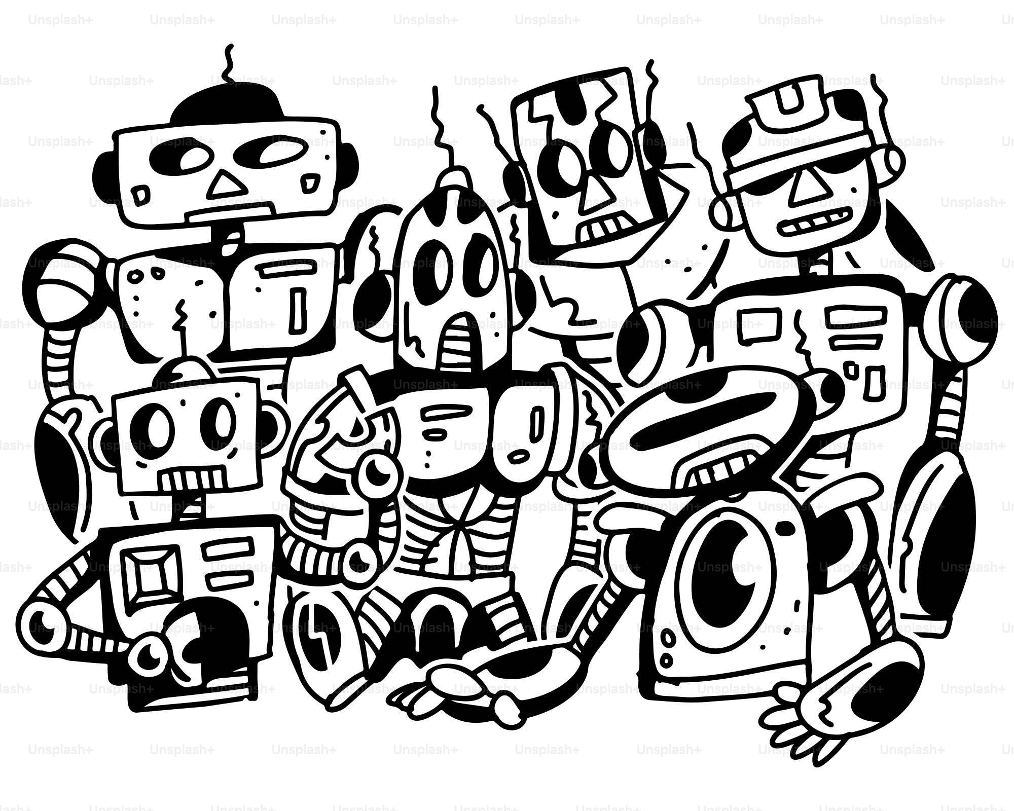 A black and white drawing of a group of cartoon characters