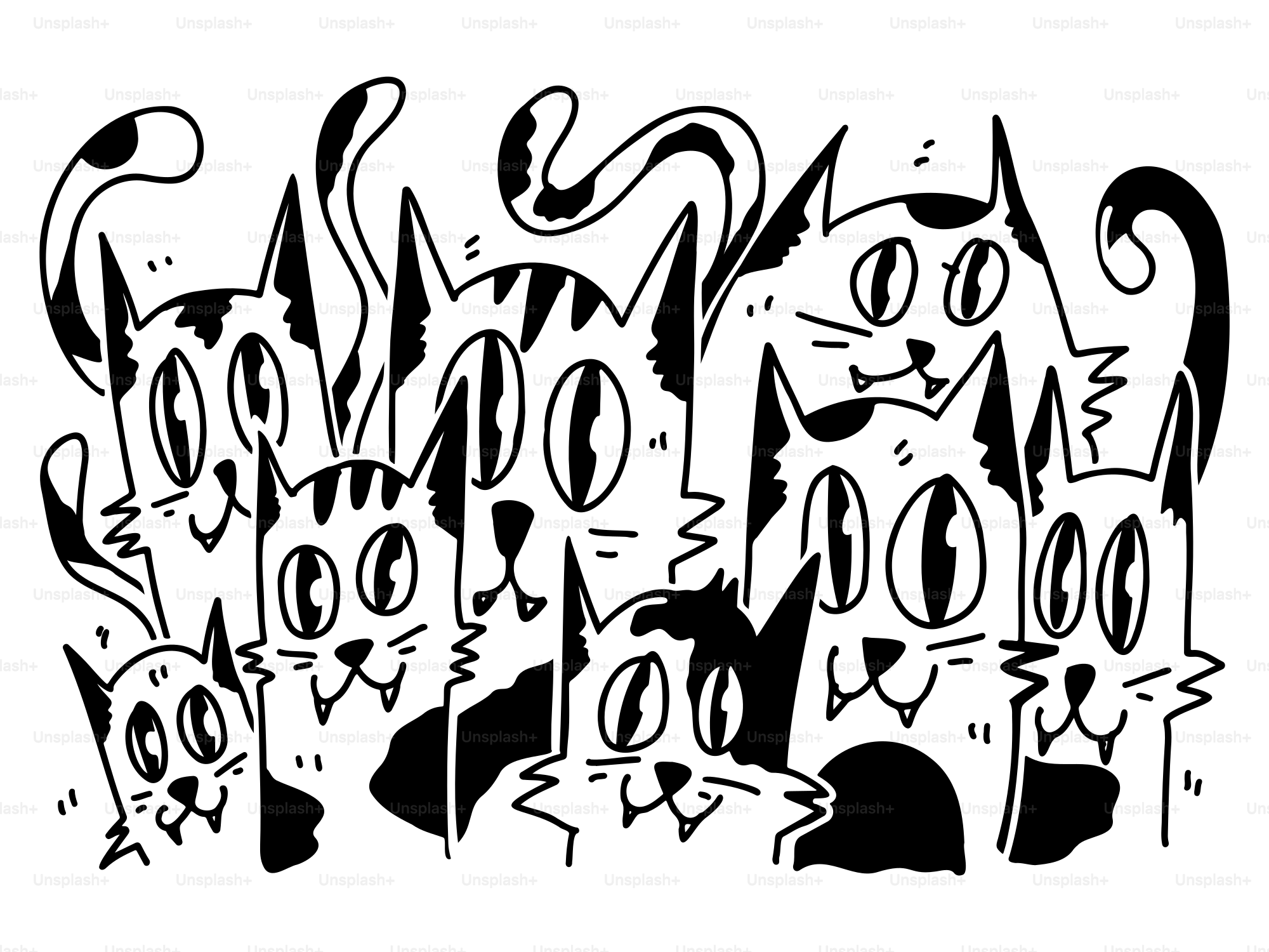 A black and white drawing of a group of cats