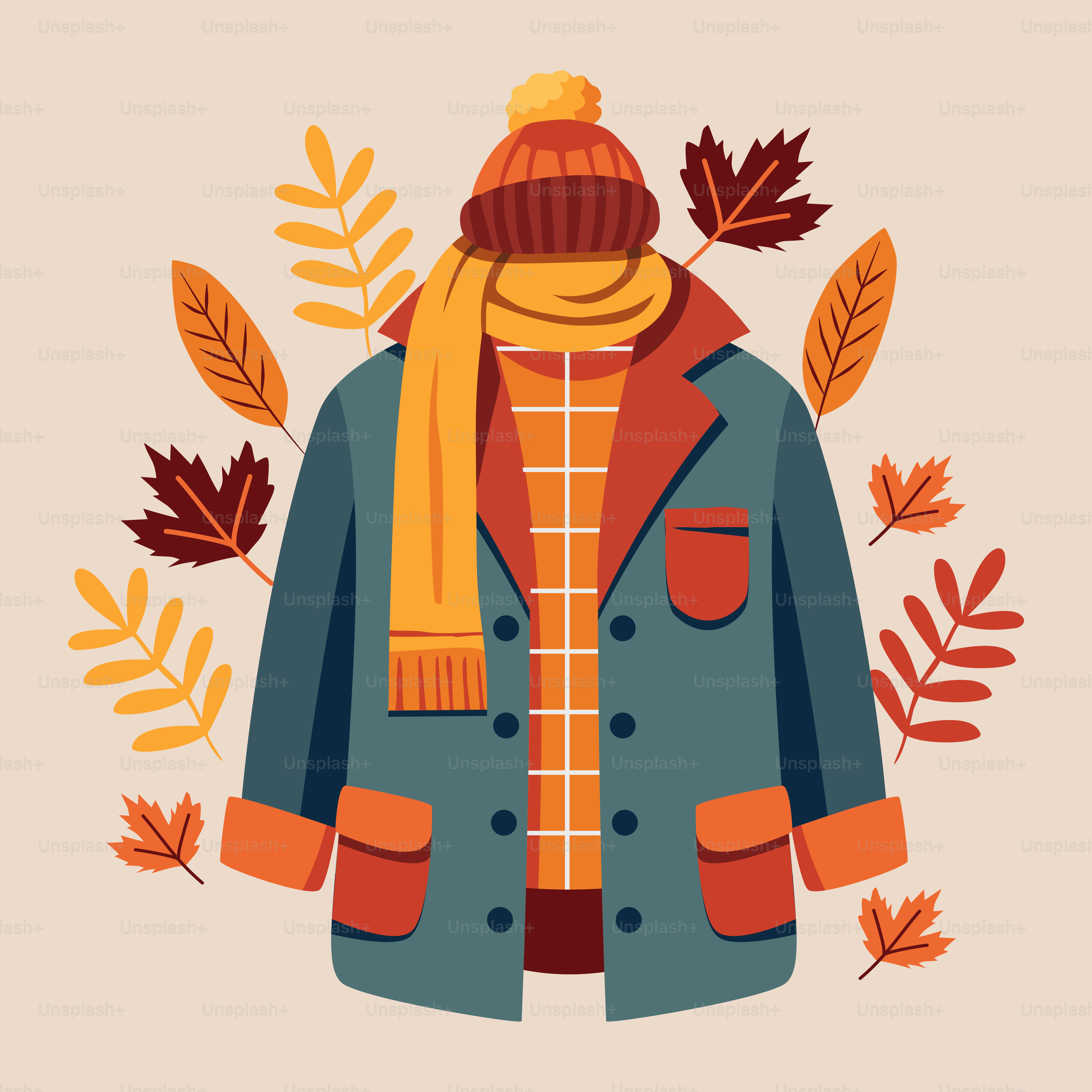 A coat and scarf with autumn leaves around it