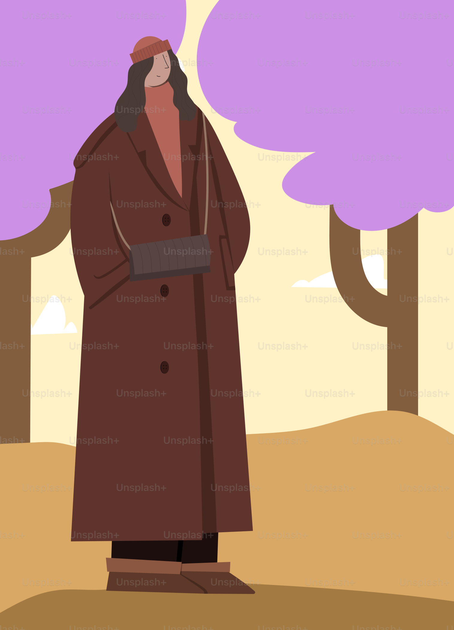 A man in a long coat standing in front of trees