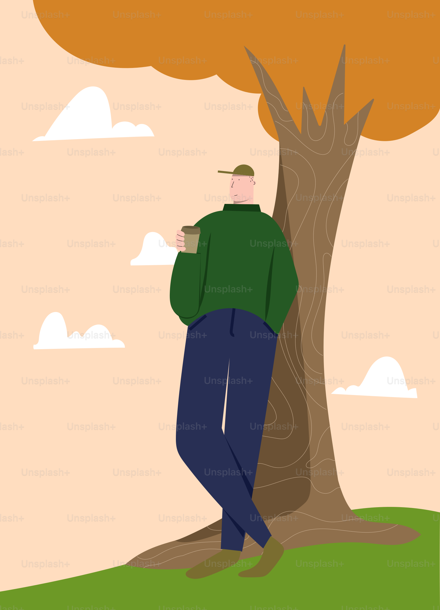 A man standing next to a tree with a cup of coffee