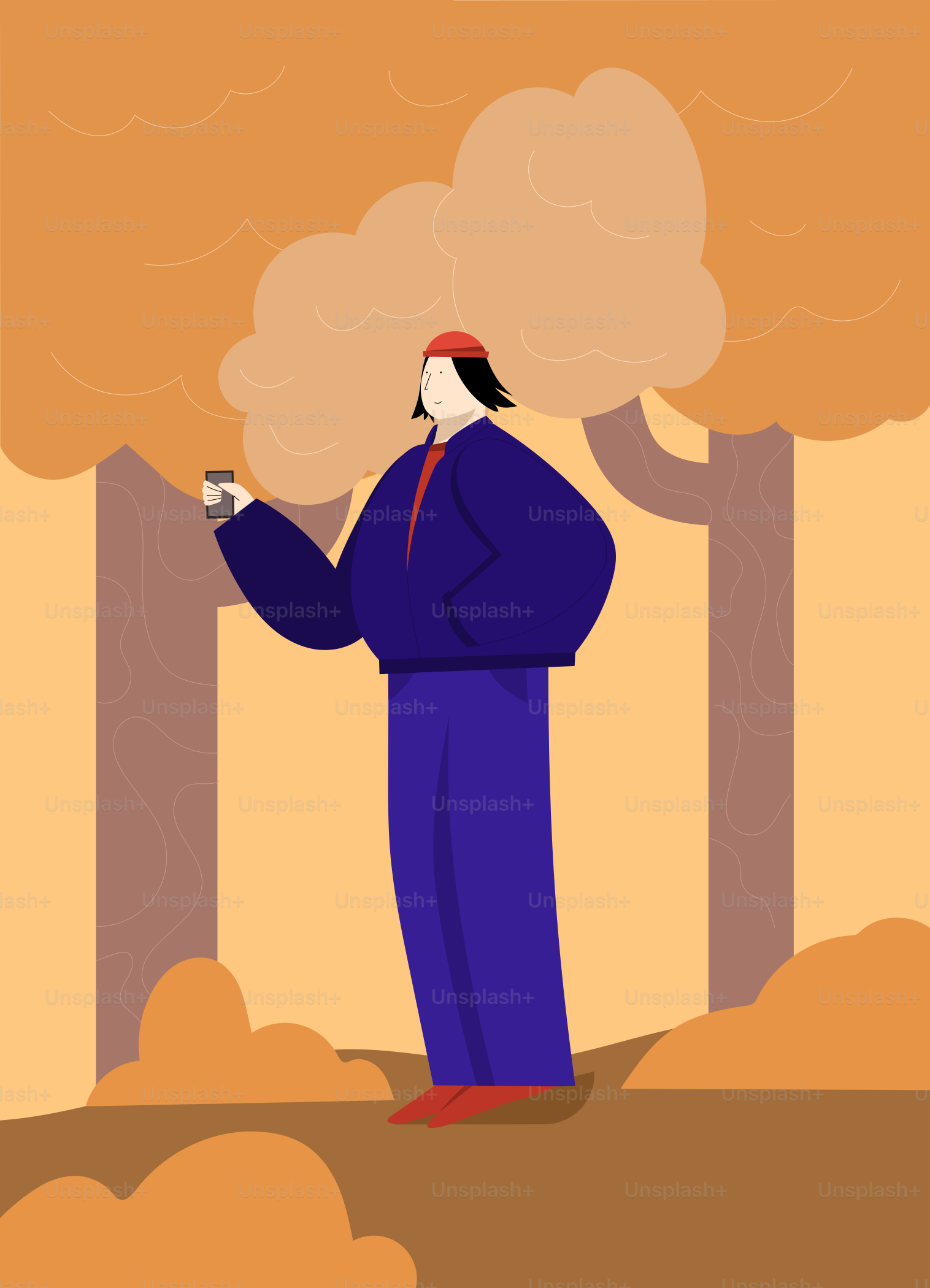 森の前に立つ青いスーツの男