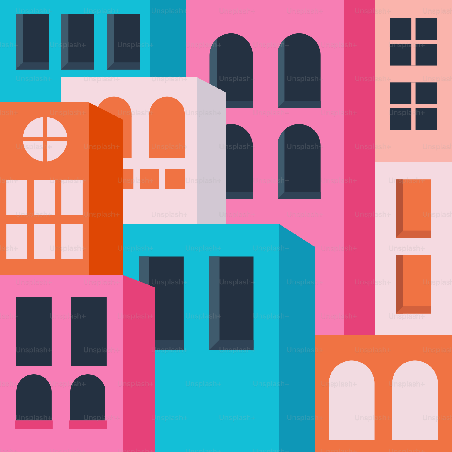 A colorful city with tall buildings and windows