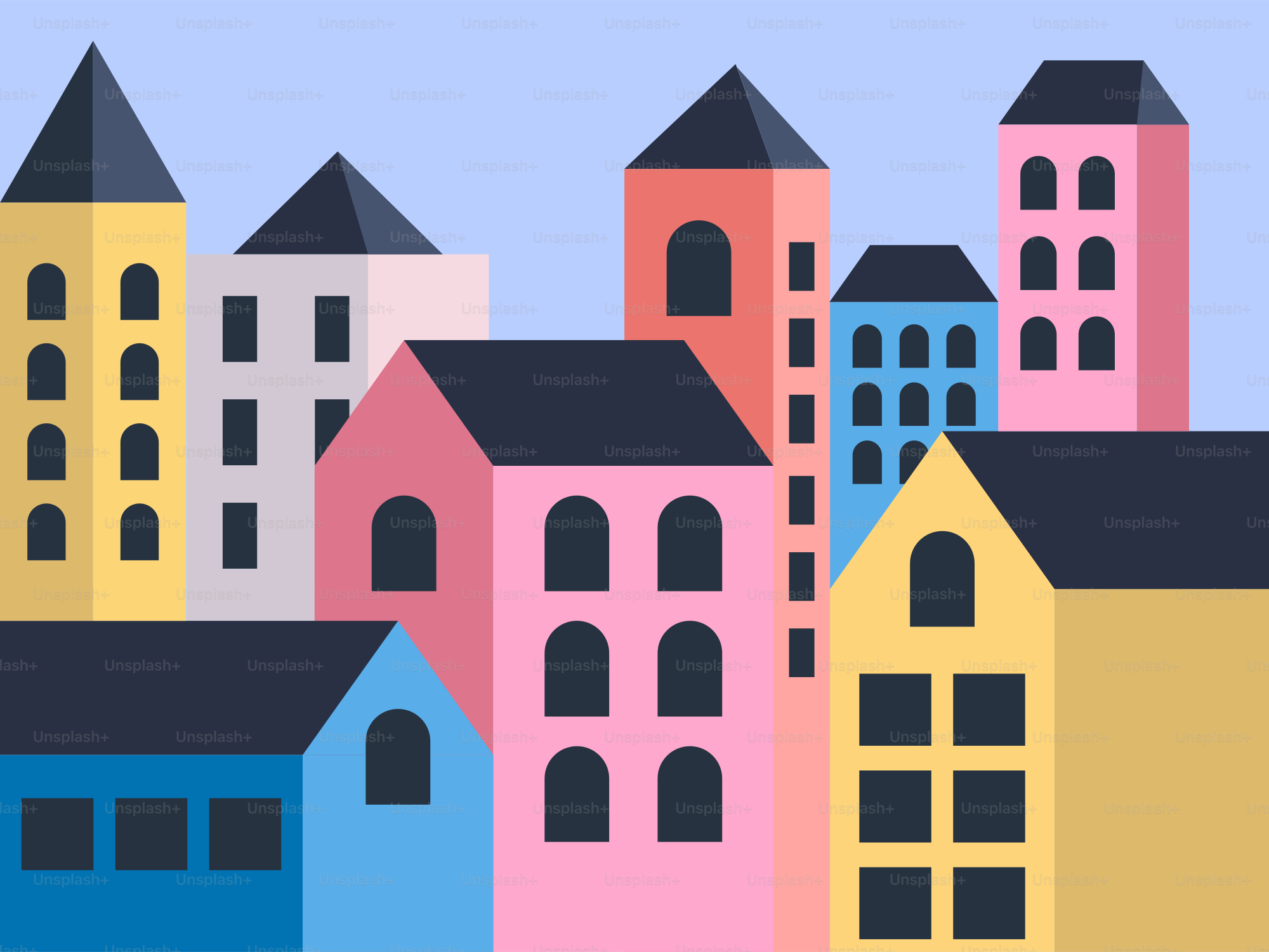 A group of buildings with a blue sky in the background