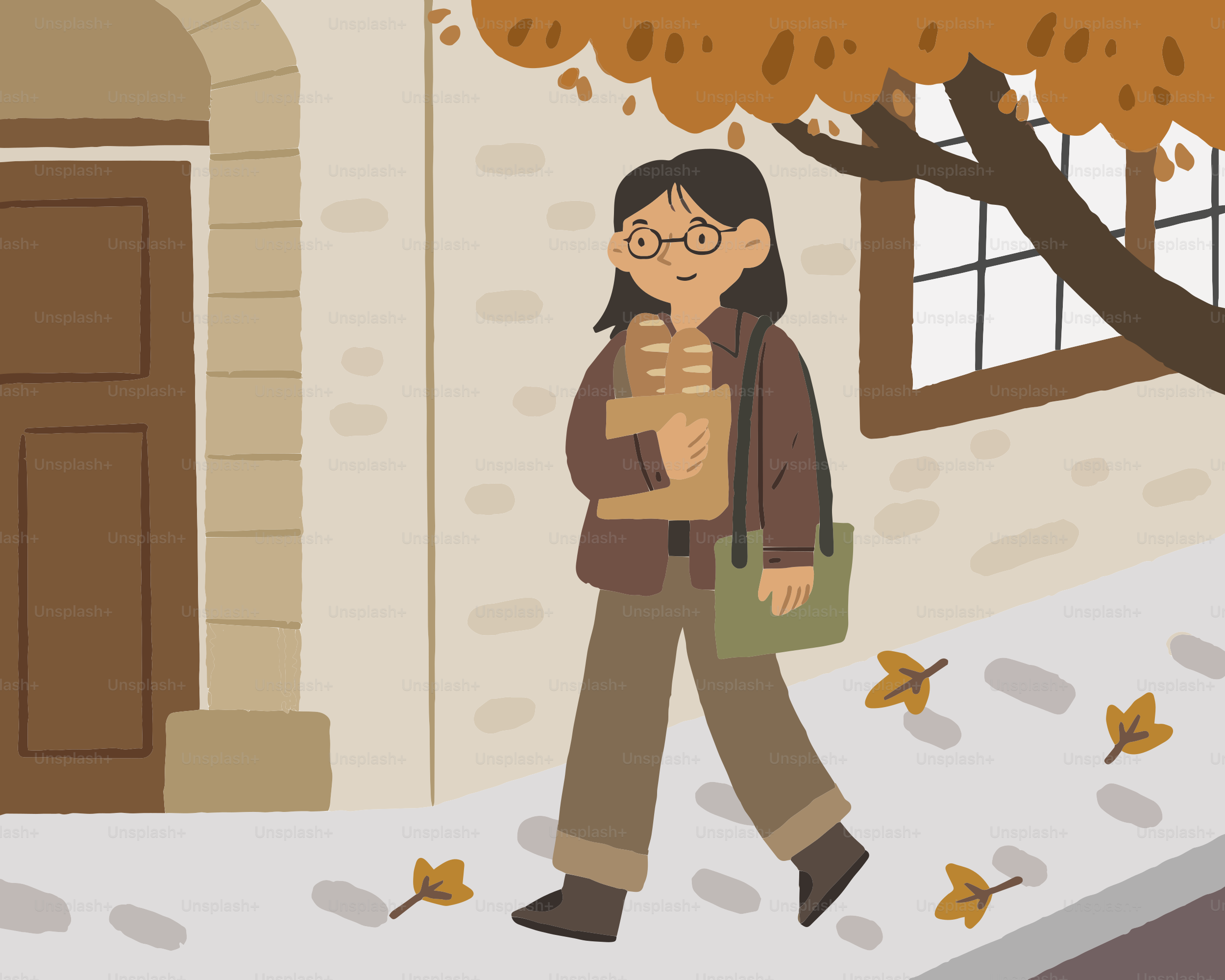 A cartoon of a woman walking down a street