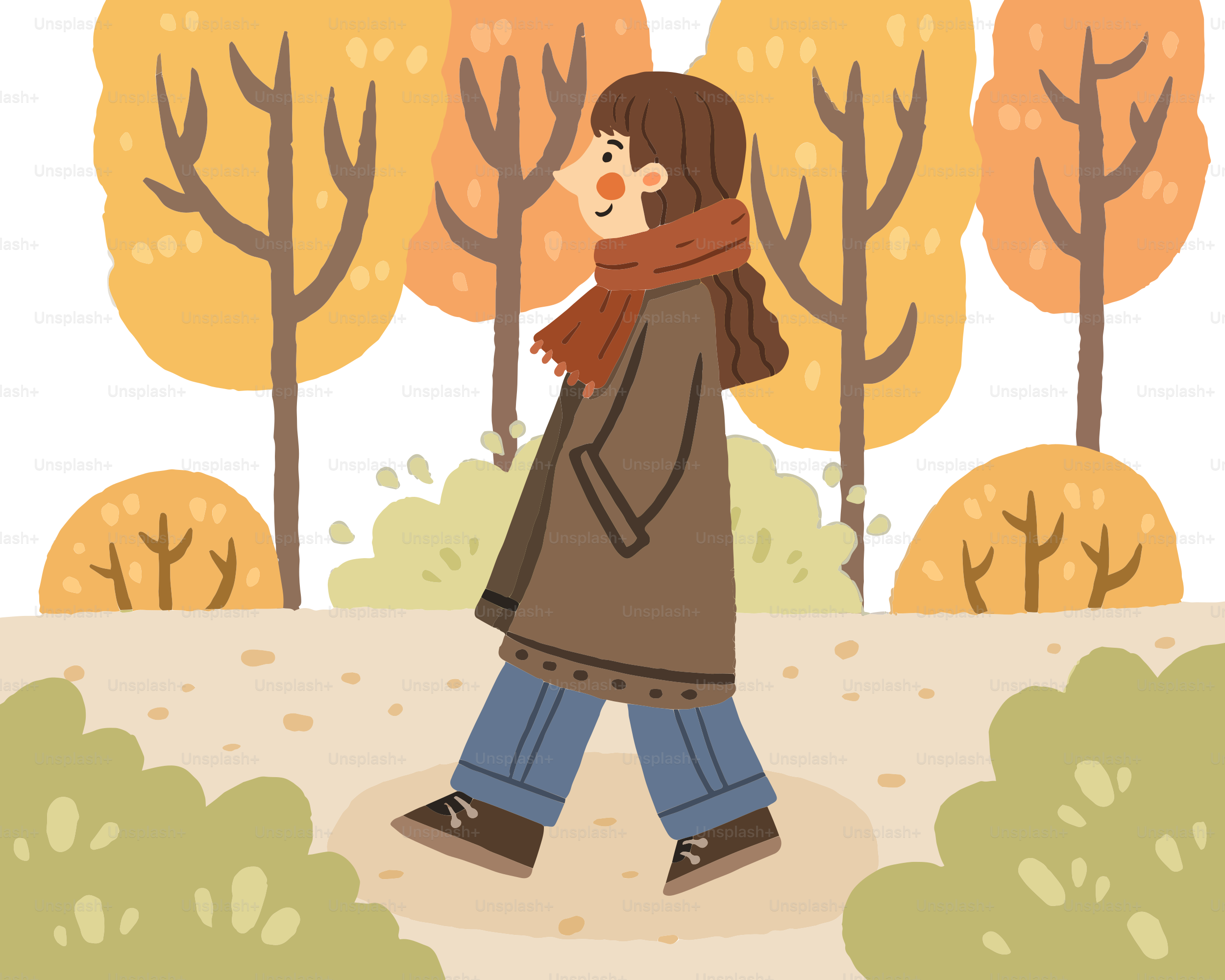 A woman walking through a park in the fall