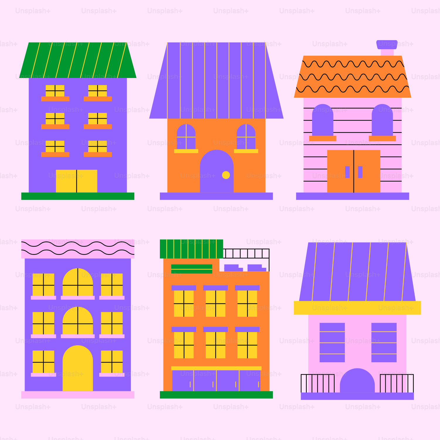 A set of six different colored houses