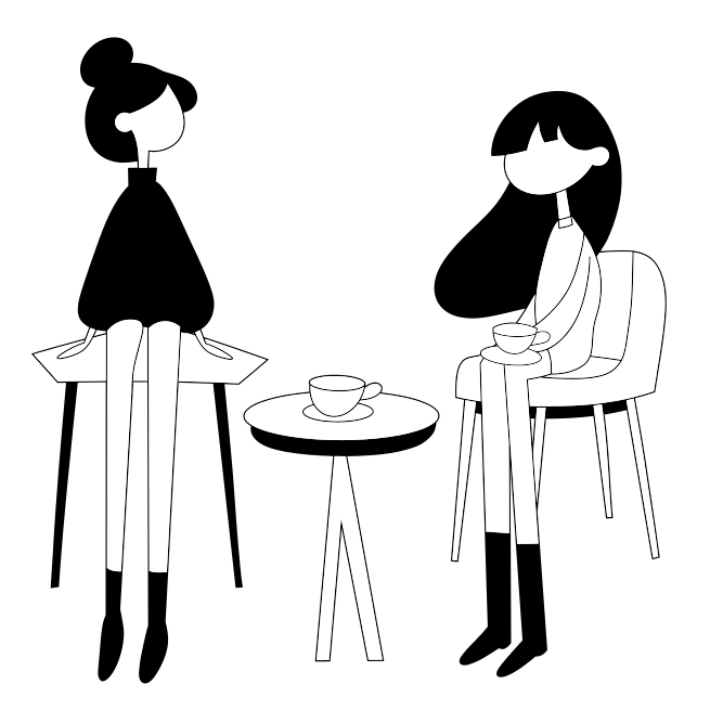 A woman sitting at a table with a cup of coffee