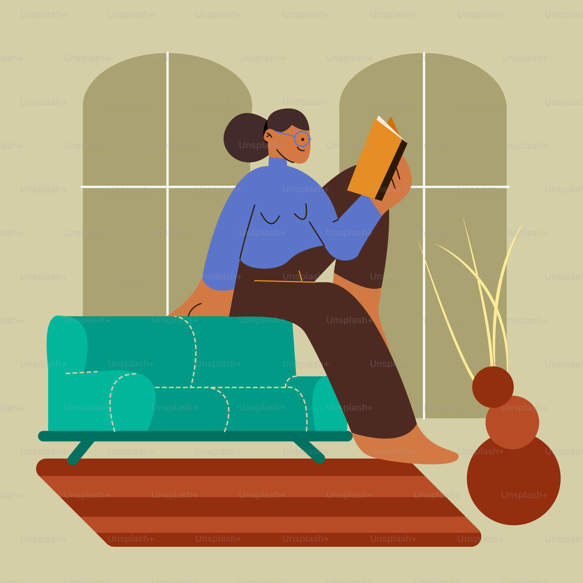 Seorang wanita duduk di sofa membaca buku