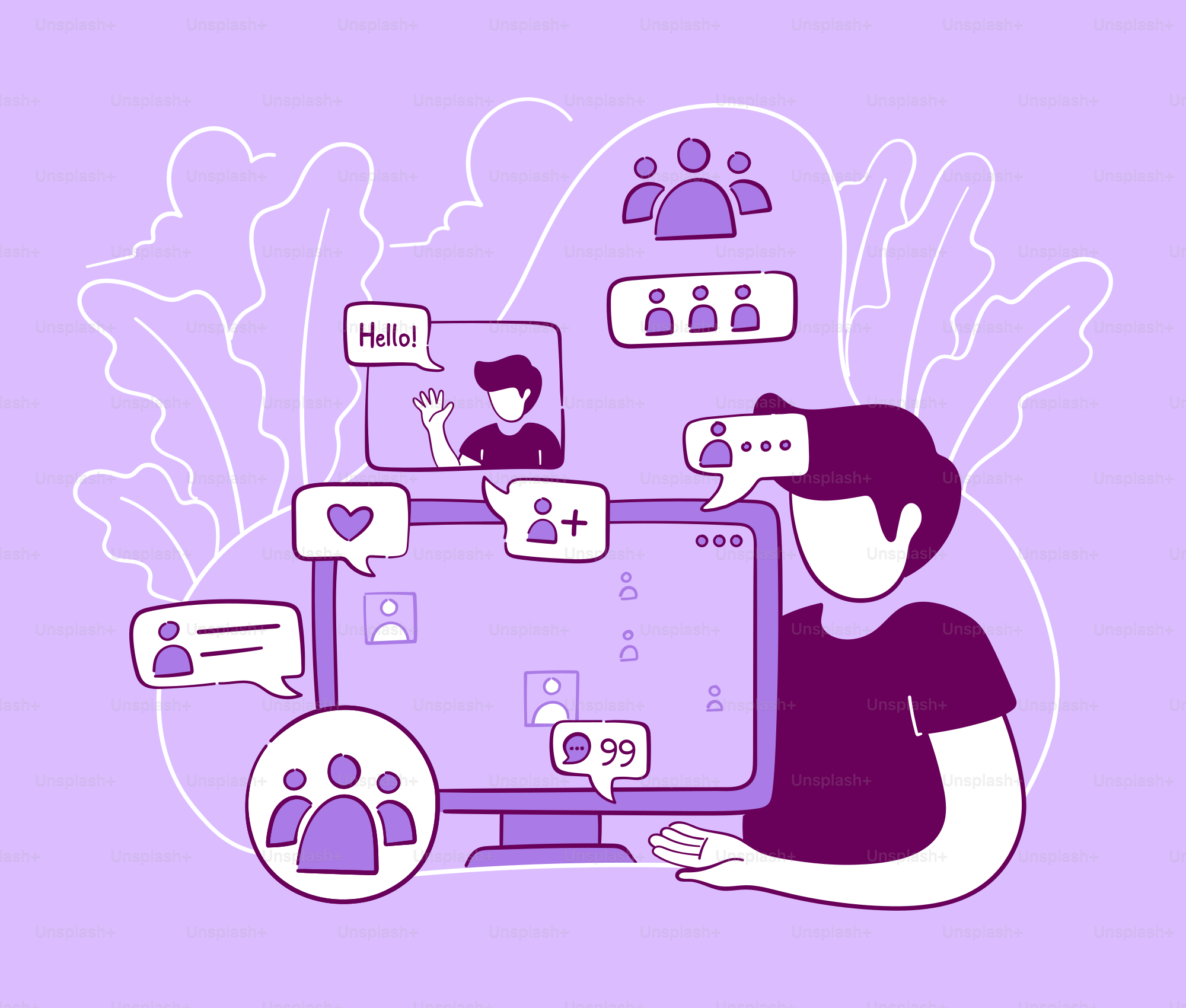 A man sitting in front of a computer with people on it