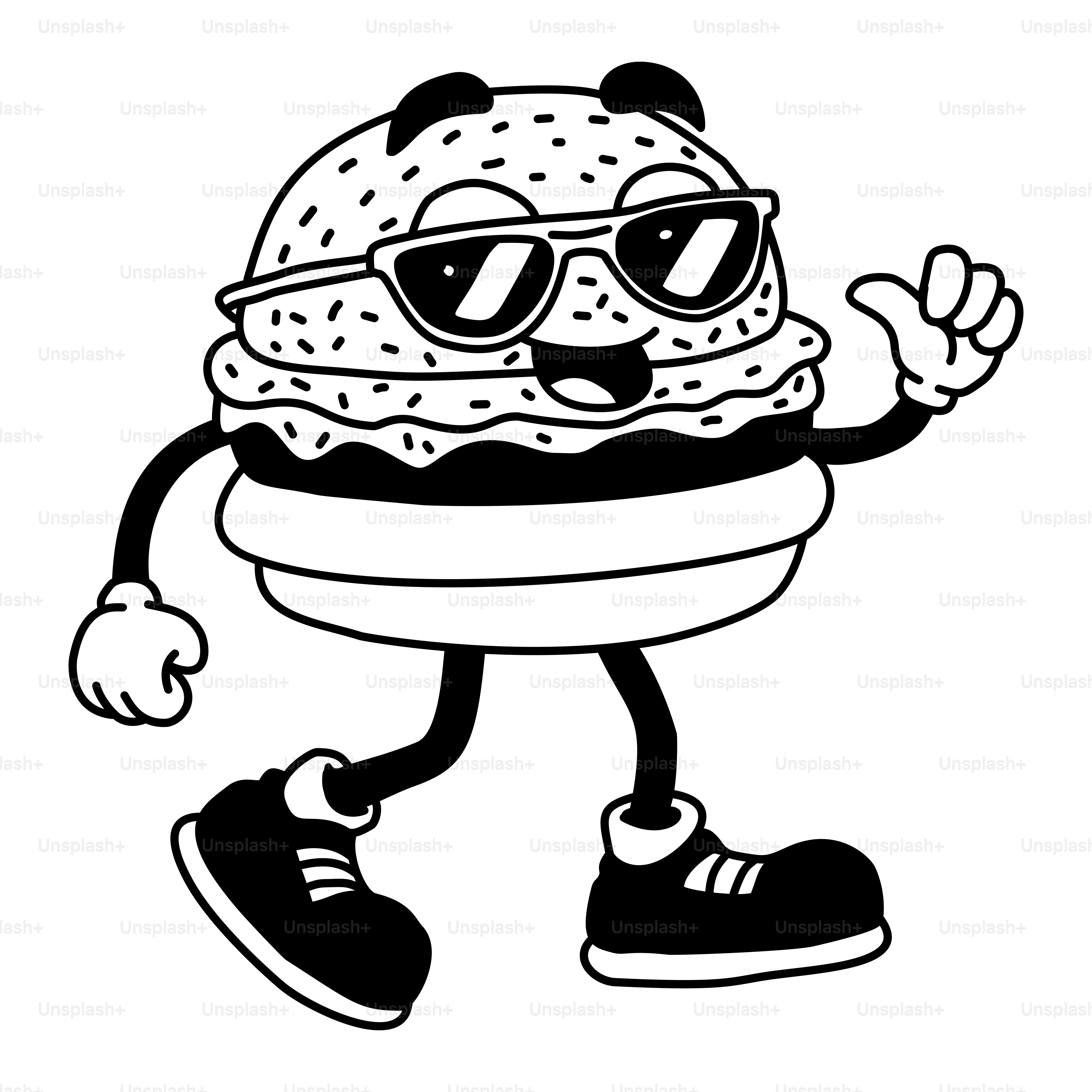 Un dibujo en blanco y negro de una hamburguesa con gafas de sol