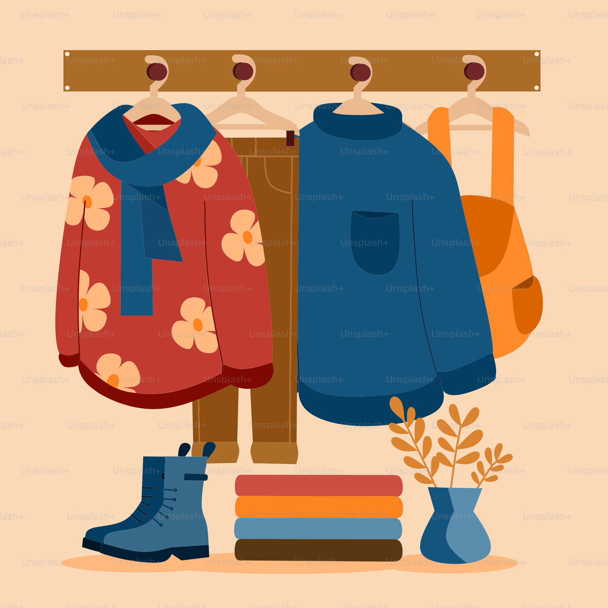 An illustration of a coat rack with clothes and boots