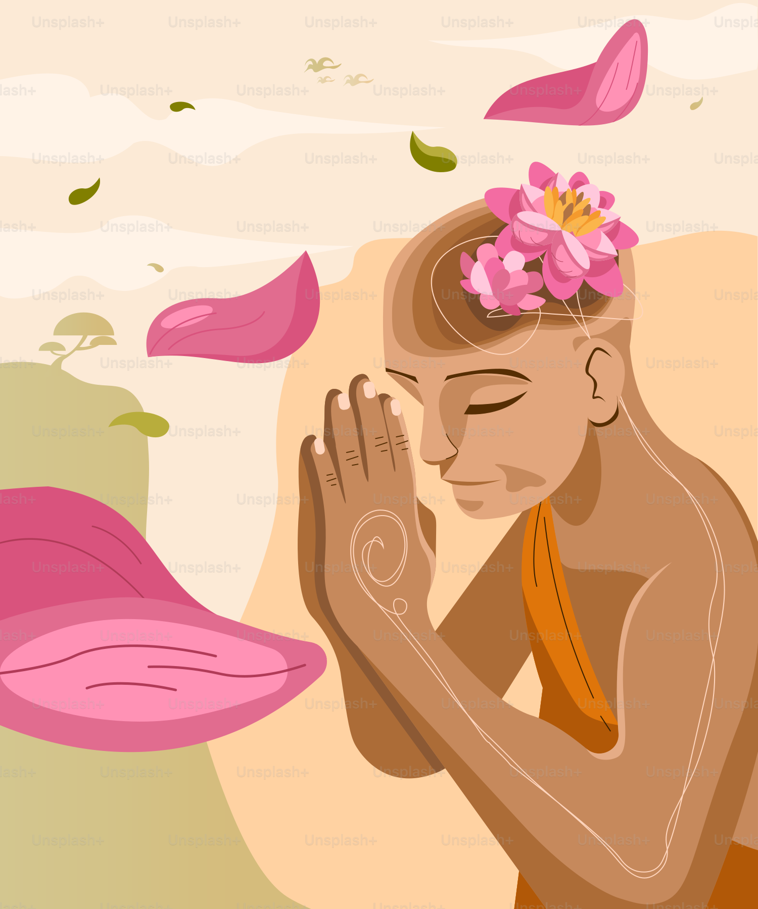 A man with a flower in his hair praying