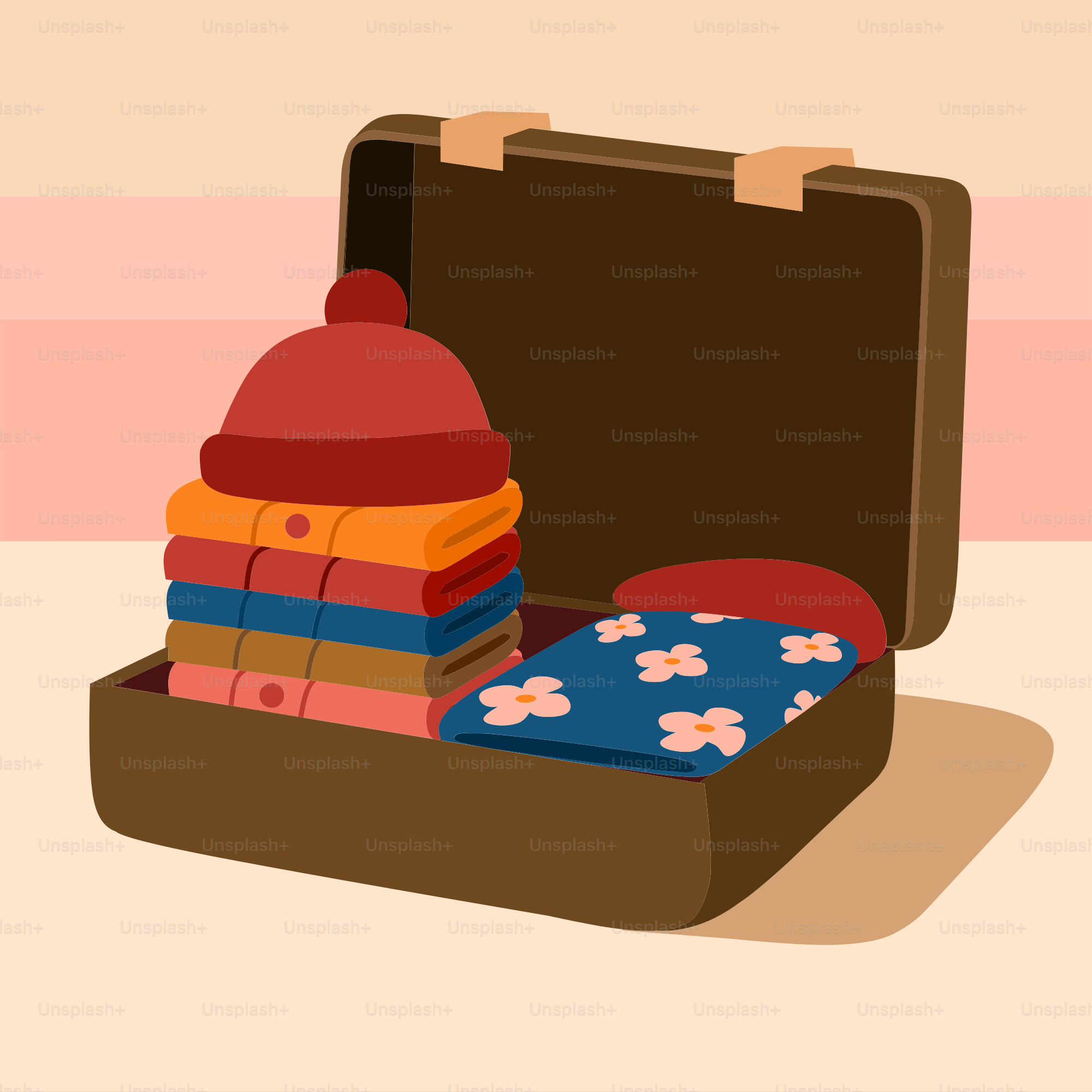 A suitcase filled with clothes and a hat