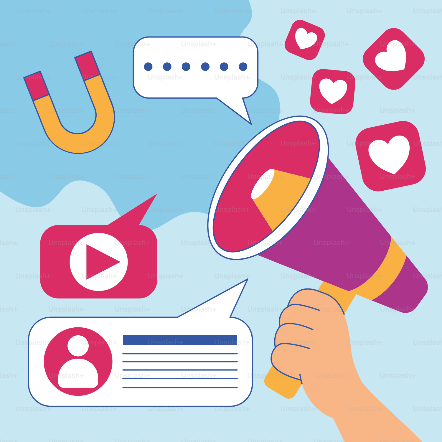 Eine Hand, die ein Megafon hält, umgeben von Social-Media-Symbolen