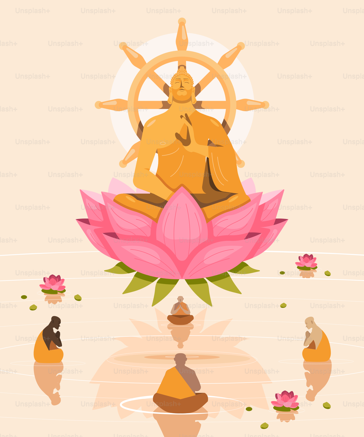 A buddha statue sitting on top of a pink flower