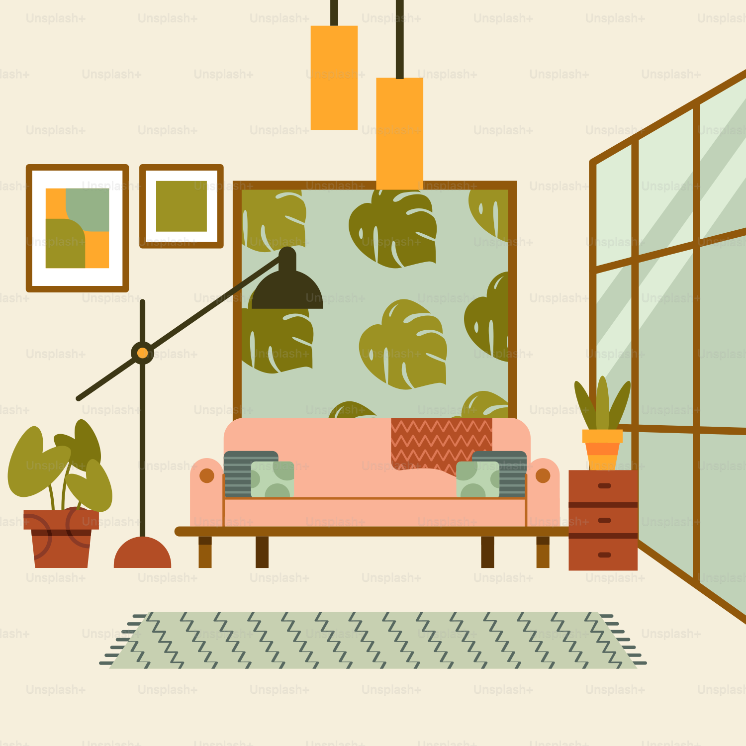 A living room filled with furniture and plants