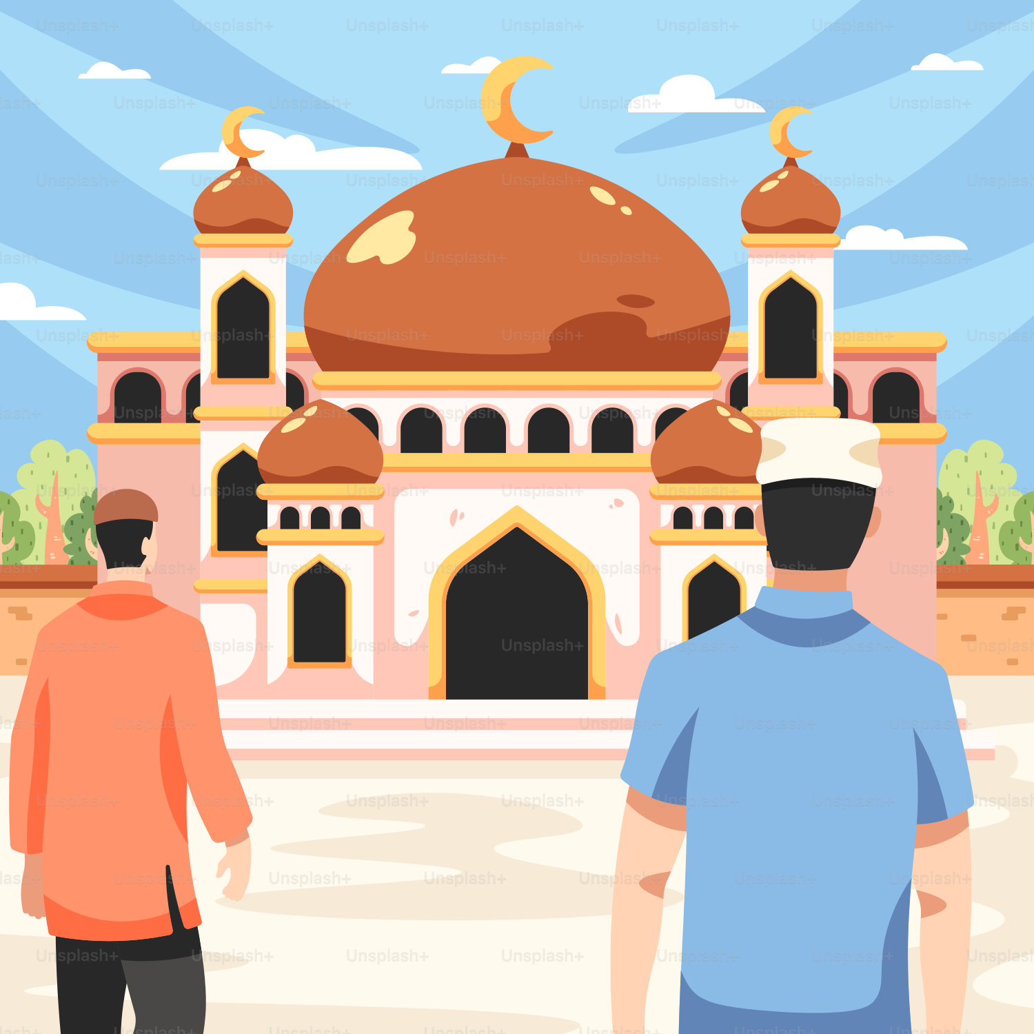 A couple of men standing in front of a building