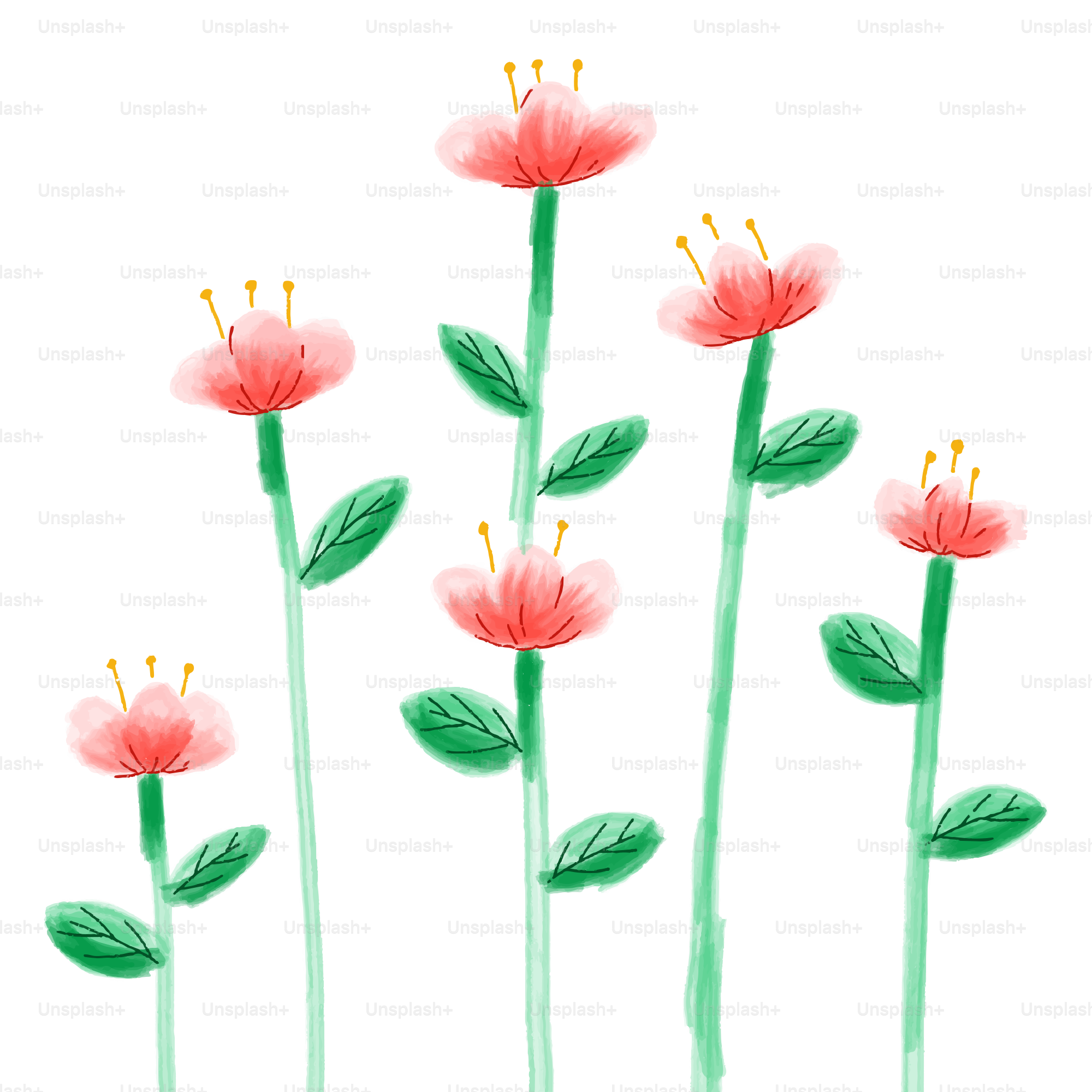 Une peinture de fleurs roses avec des tiges vertes