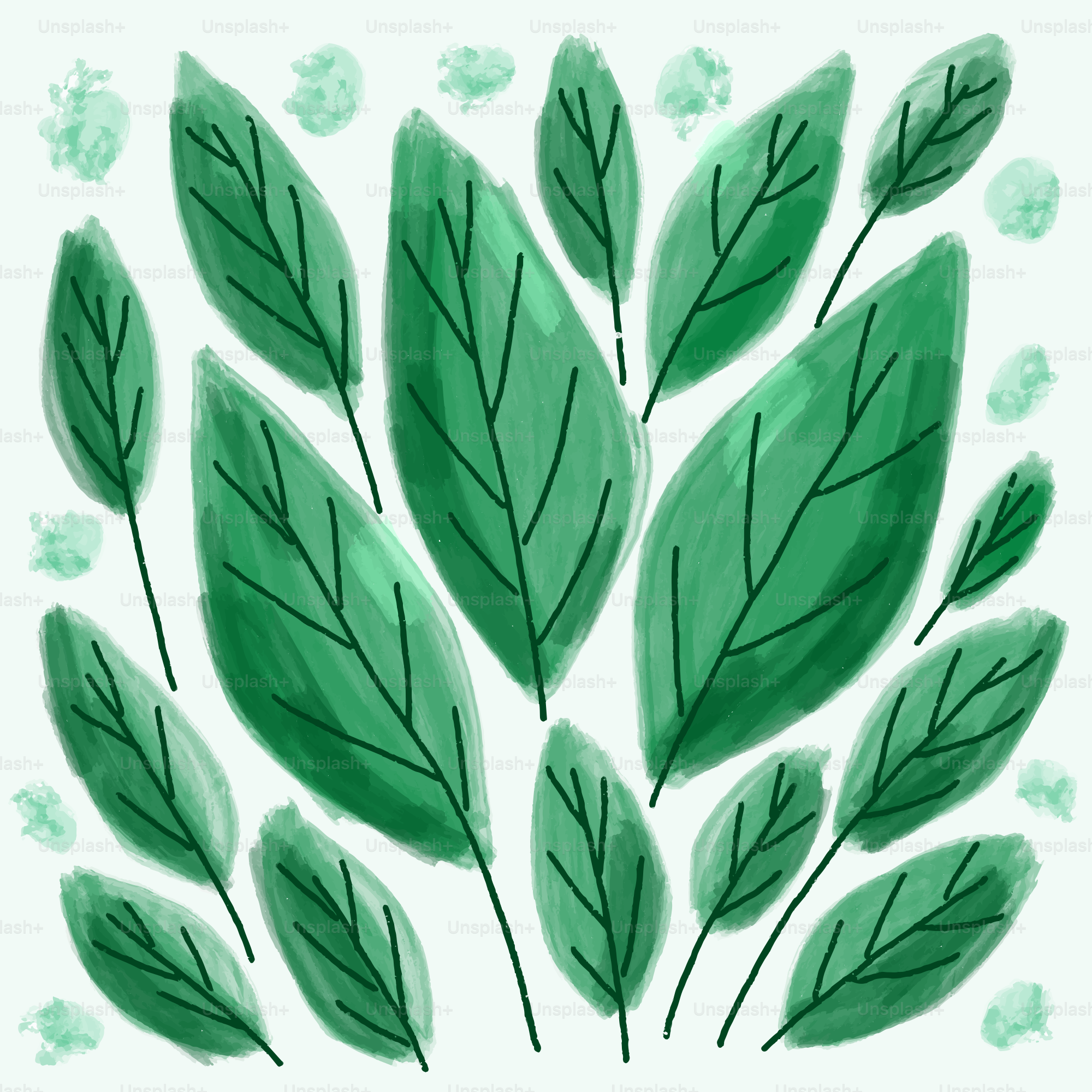 A painting of green leaves on a white background