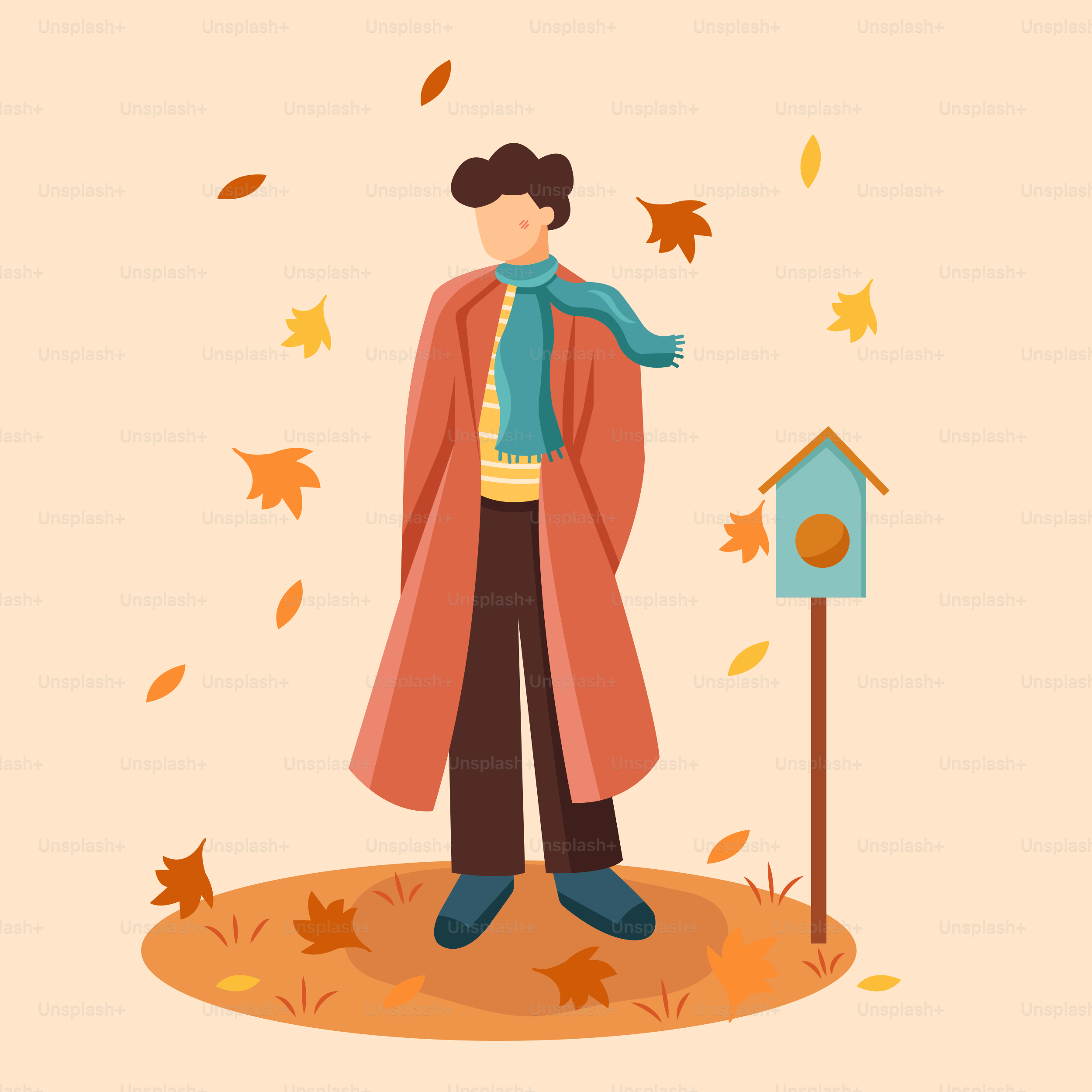 A man in a red coat and blue scarf standing in front of a mailbox