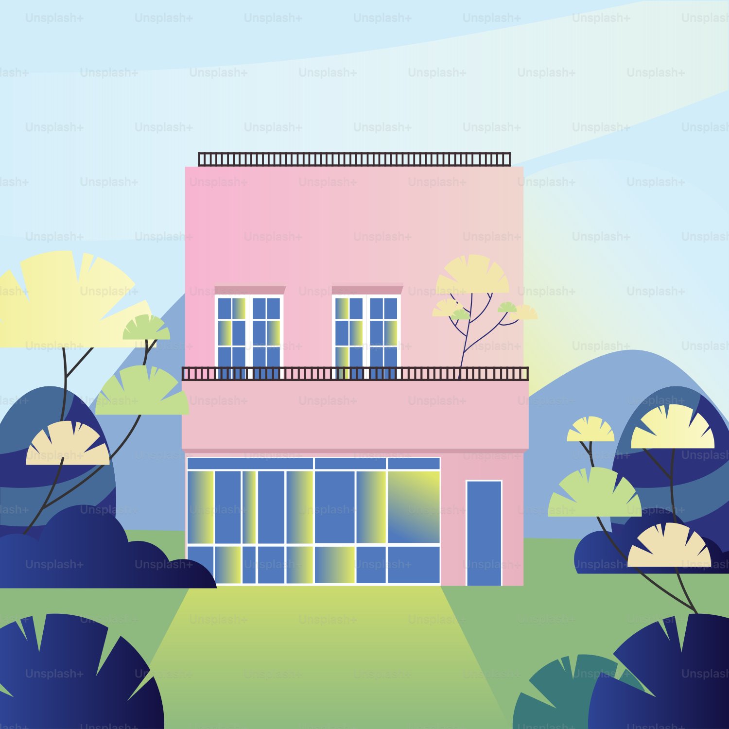 Une maison rose entourée d’arbres et de buissons