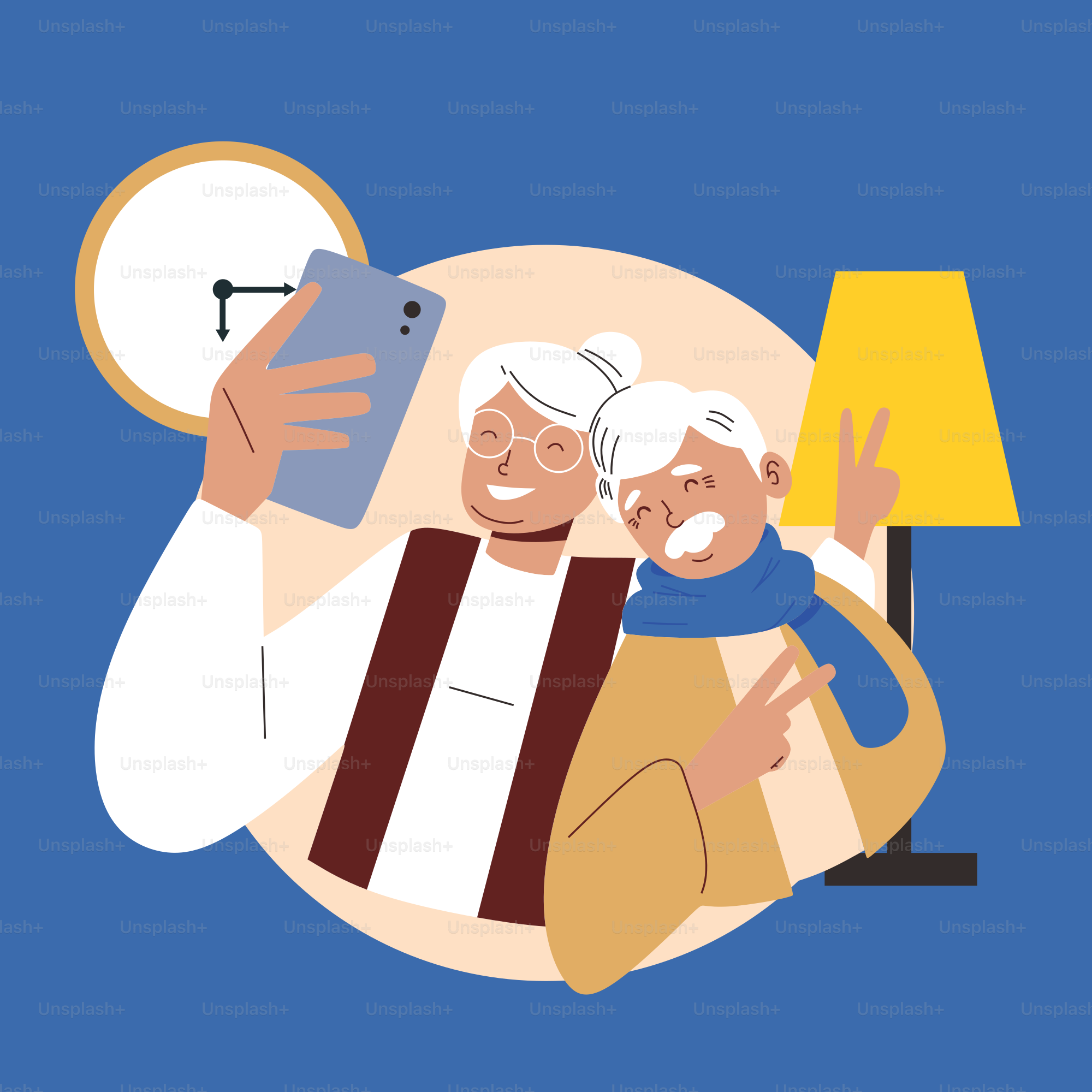 携帯電話で自撮りをしている老夫婦