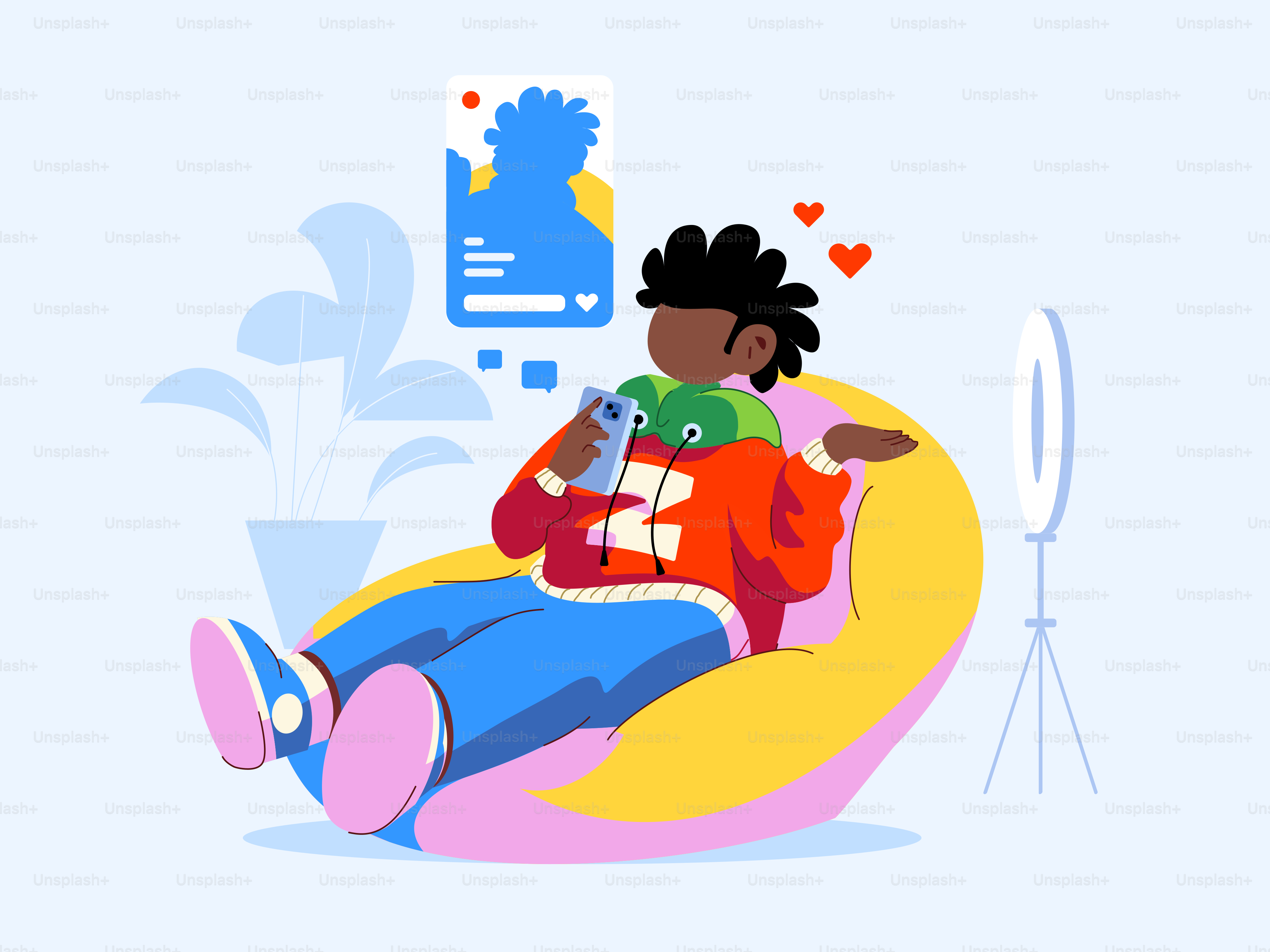 A woman sitting on a bean bag chair reading a book