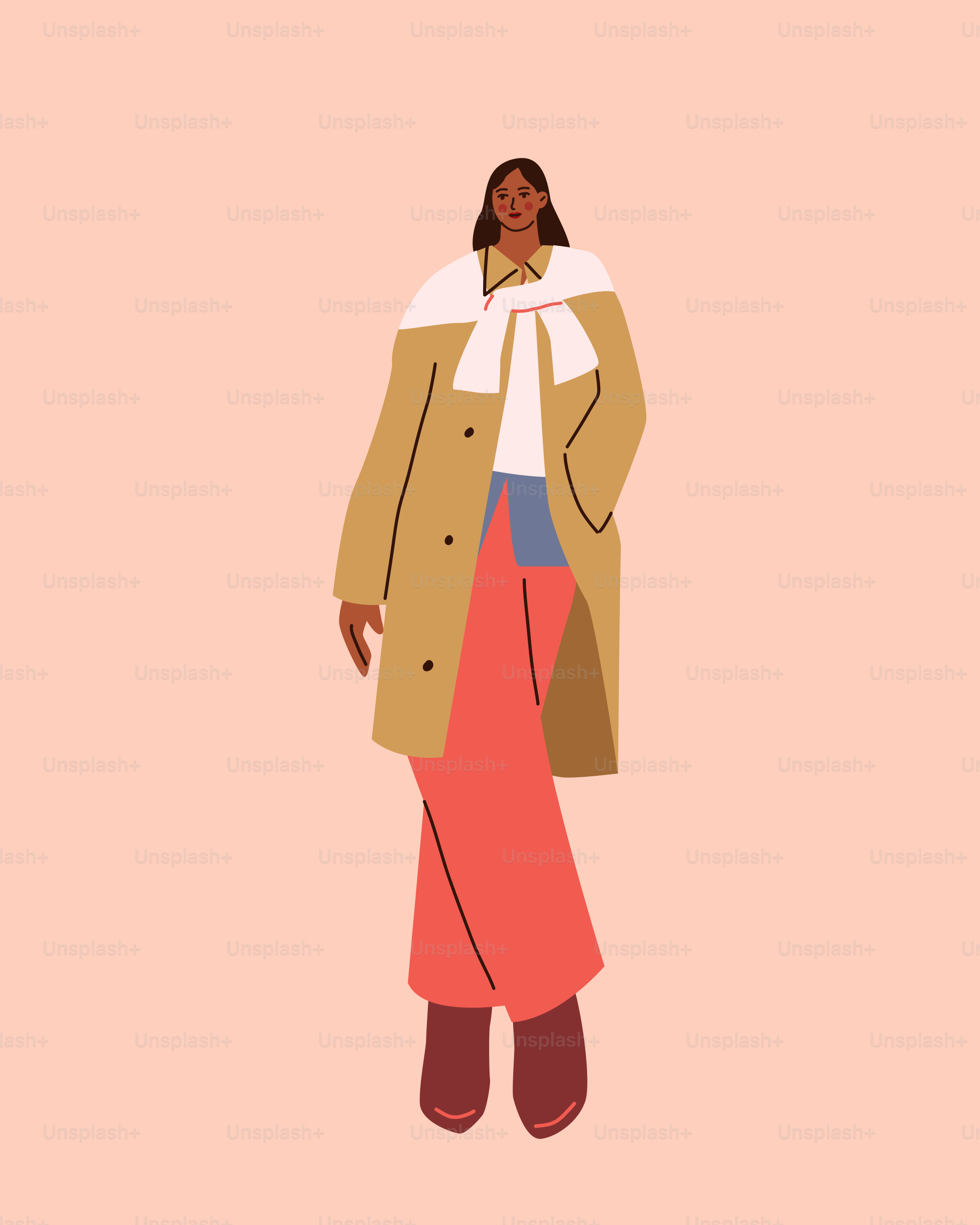 A woman wearing a trench coat and a skirt