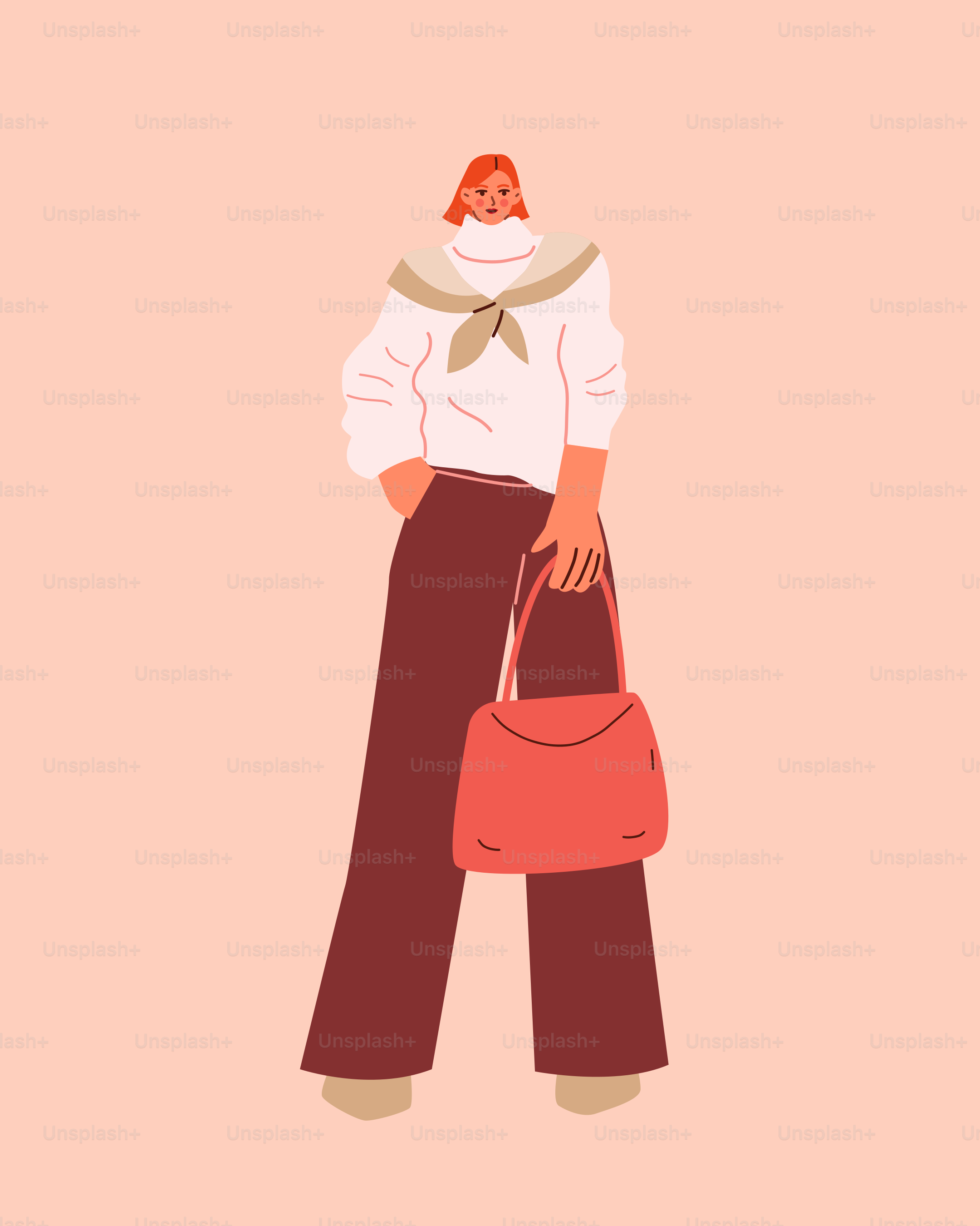 A woman with a handbag standing in front of a pink background