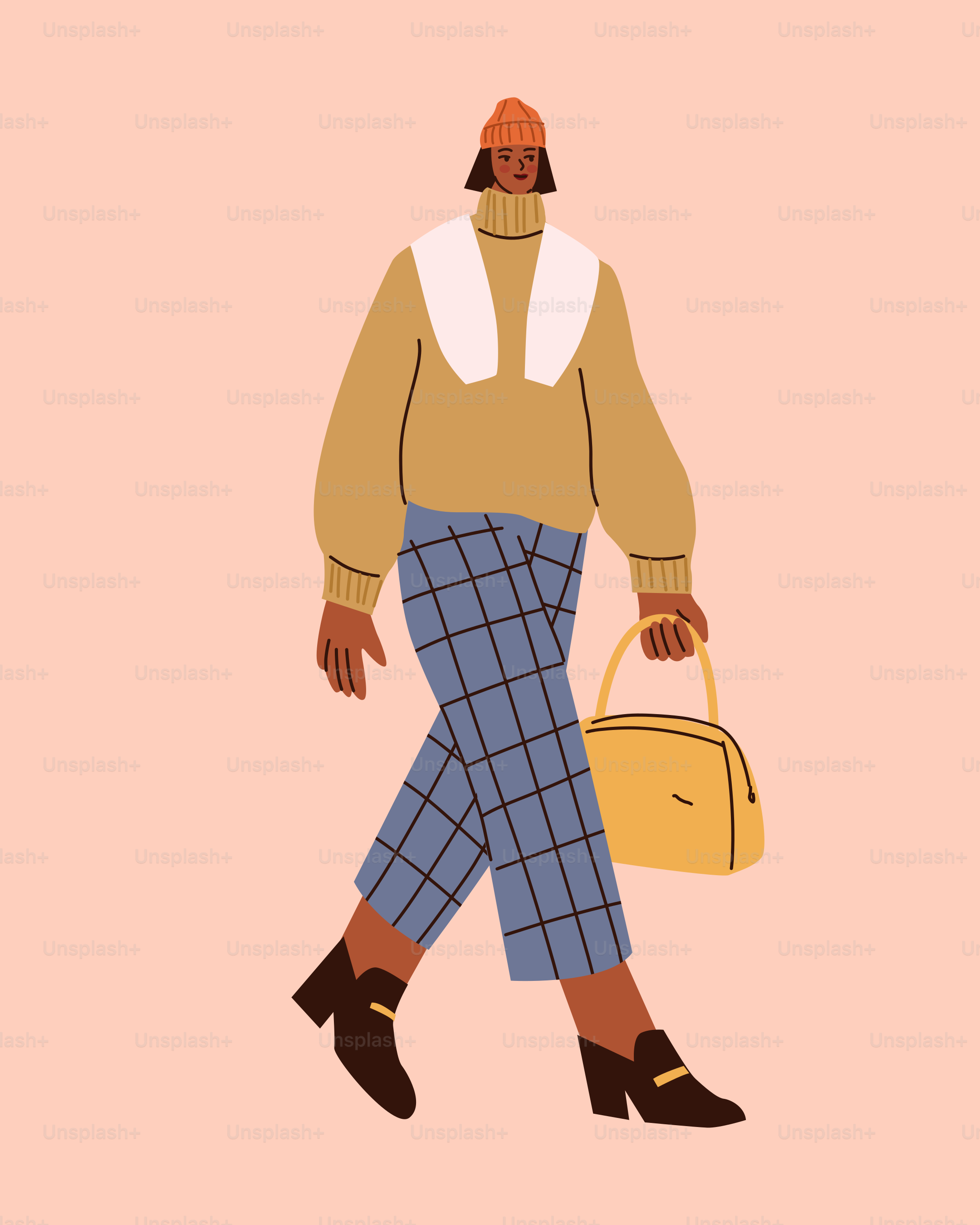 A woman walking with a handbag in her hand