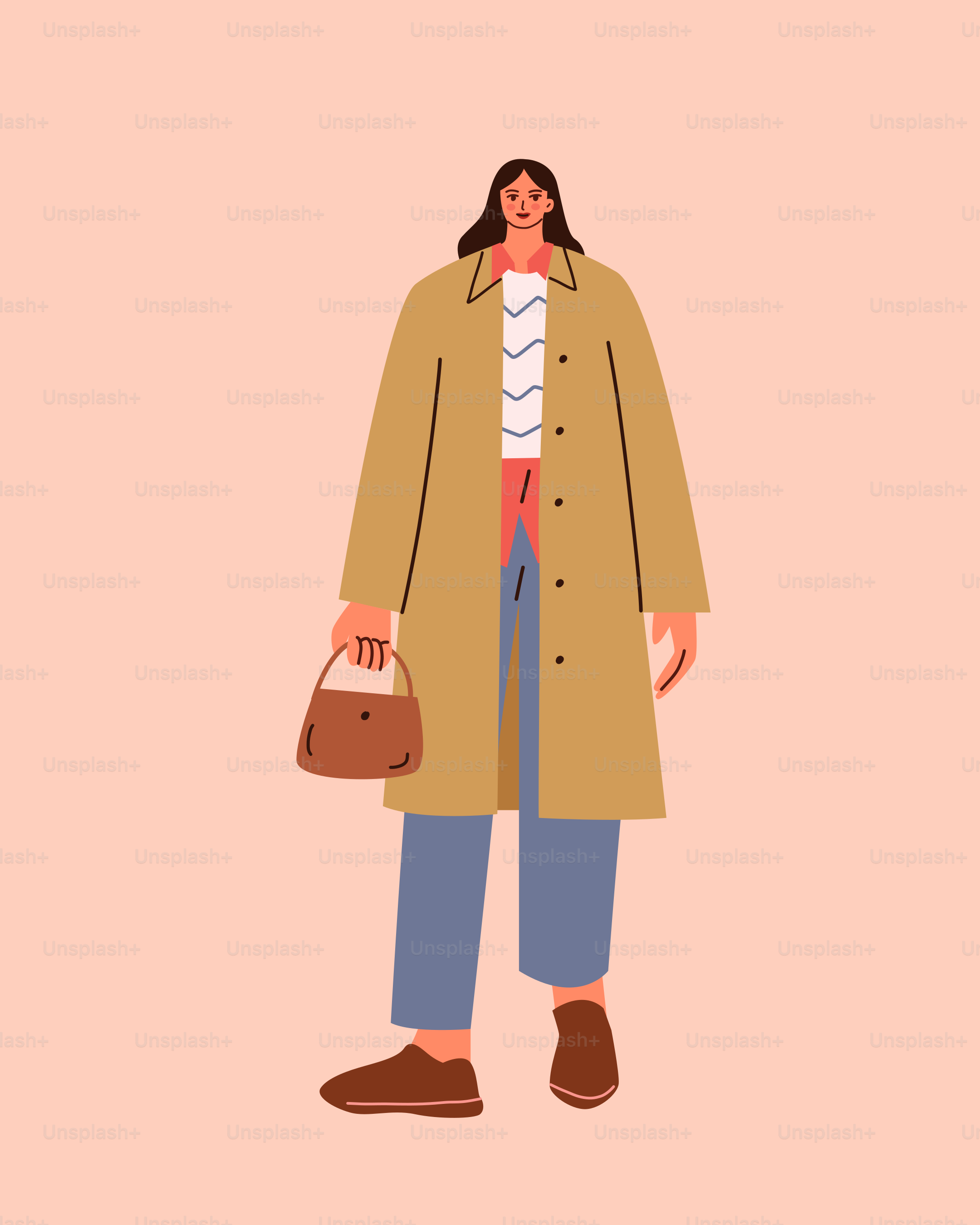 A woman in a trench coat holding a handbag