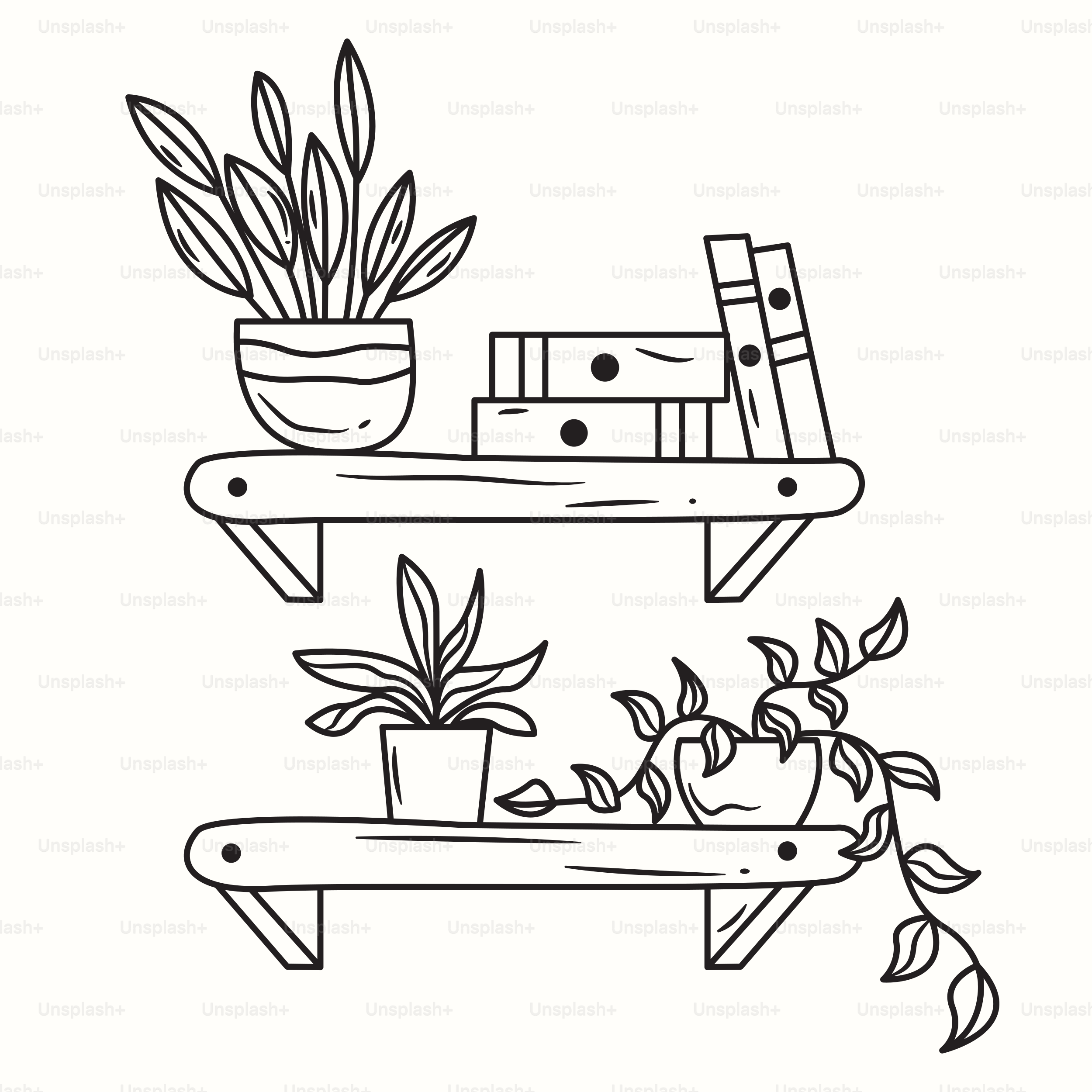 A drawing of a shelf with a potted plant on it