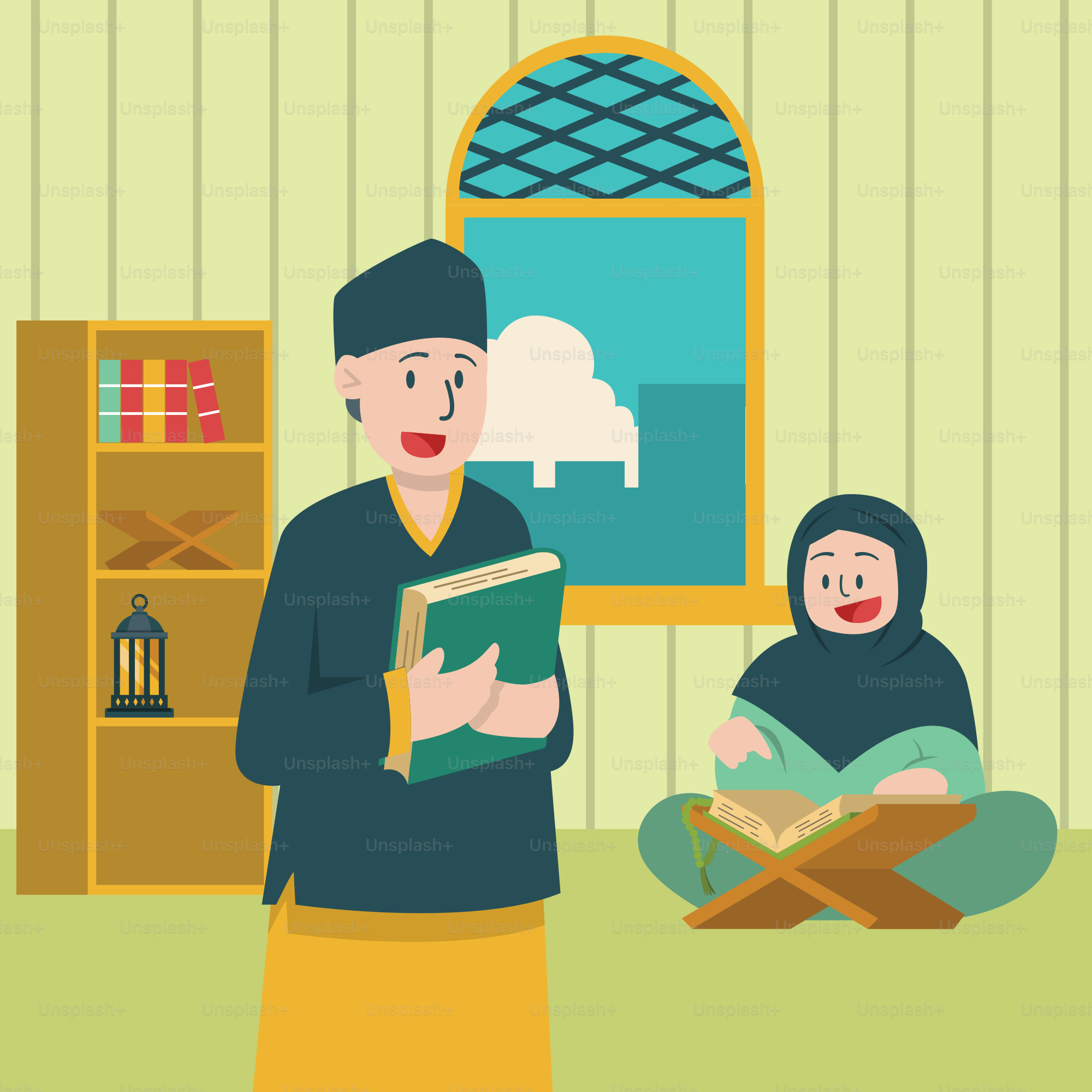 Seorang pria membaca buku untuk seorang wanita yang duduk di lantai