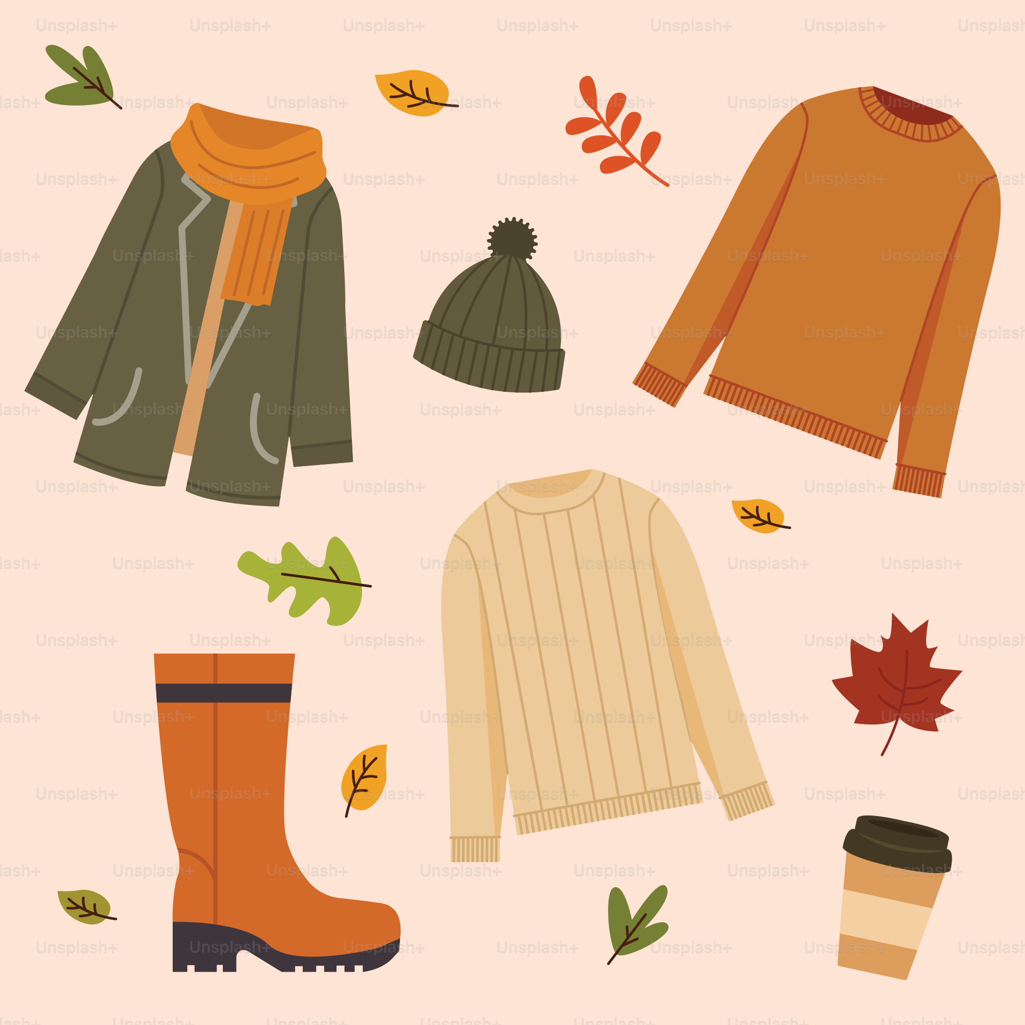 A card with a picture of a sweater, boots, and a hat