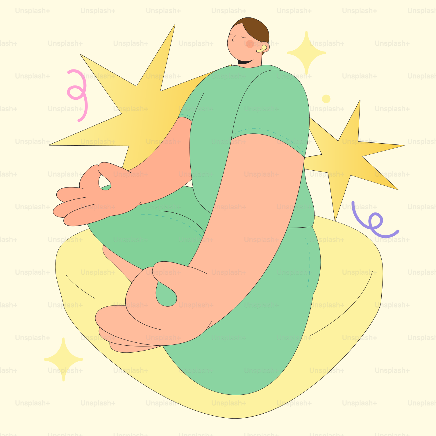 A man sitting on a pillow with stars around him