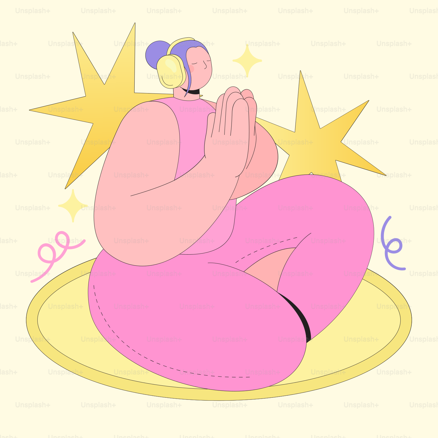 A woman in a pink outfit sitting on a rug