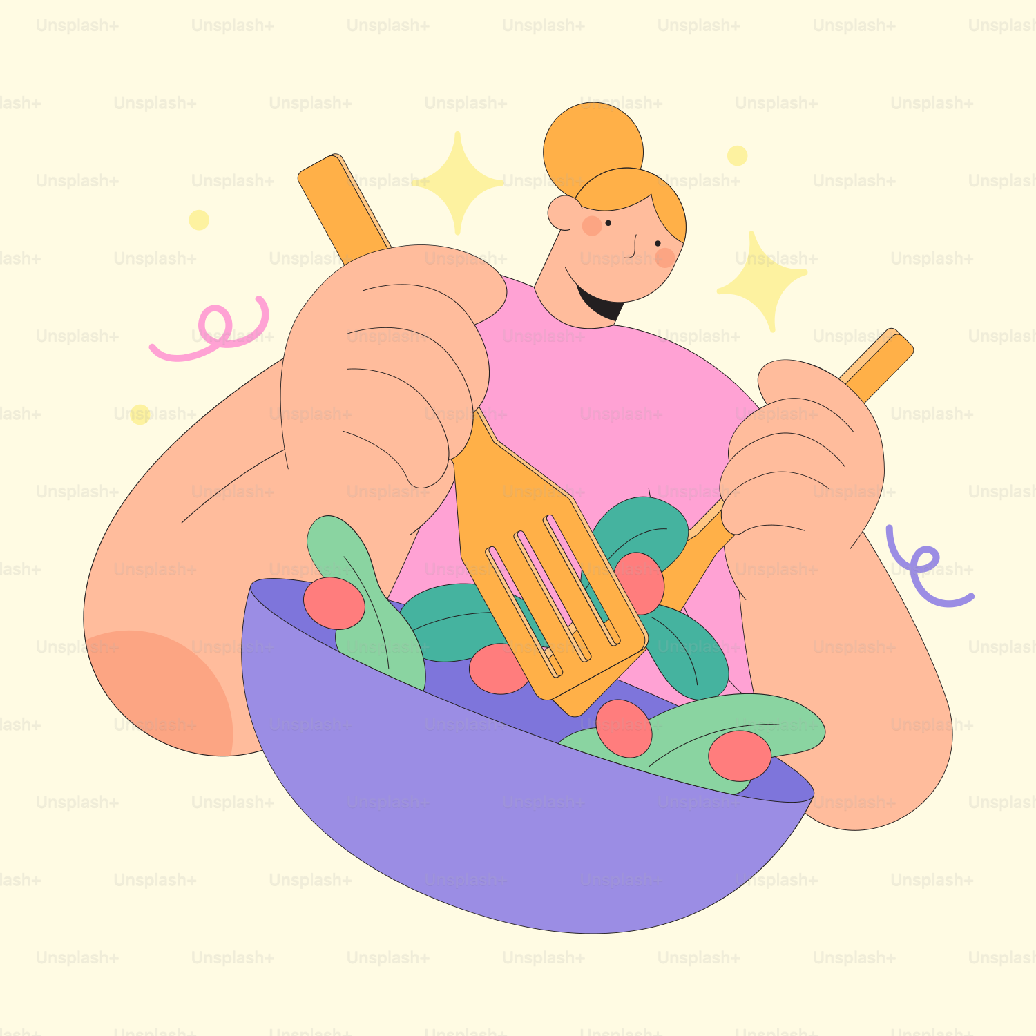 A man holding a fork and spoon in a bowl of food