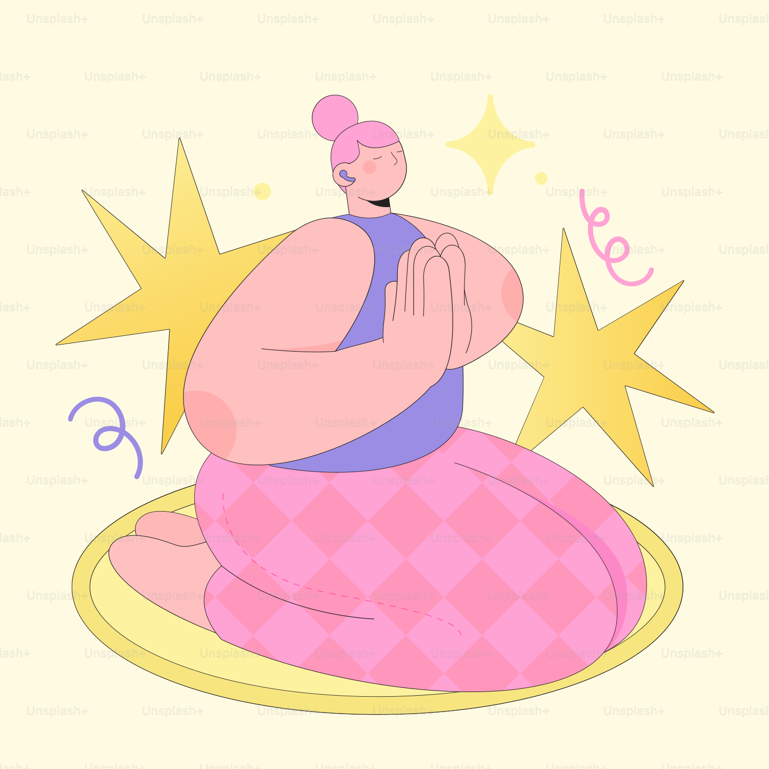A fat woman is sitting on a pink blanket