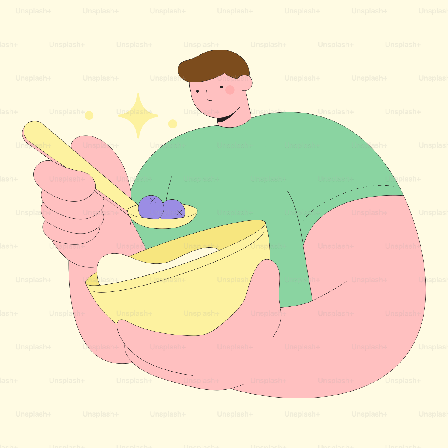 A man sitting on a giant pink hand holding a bowl of food