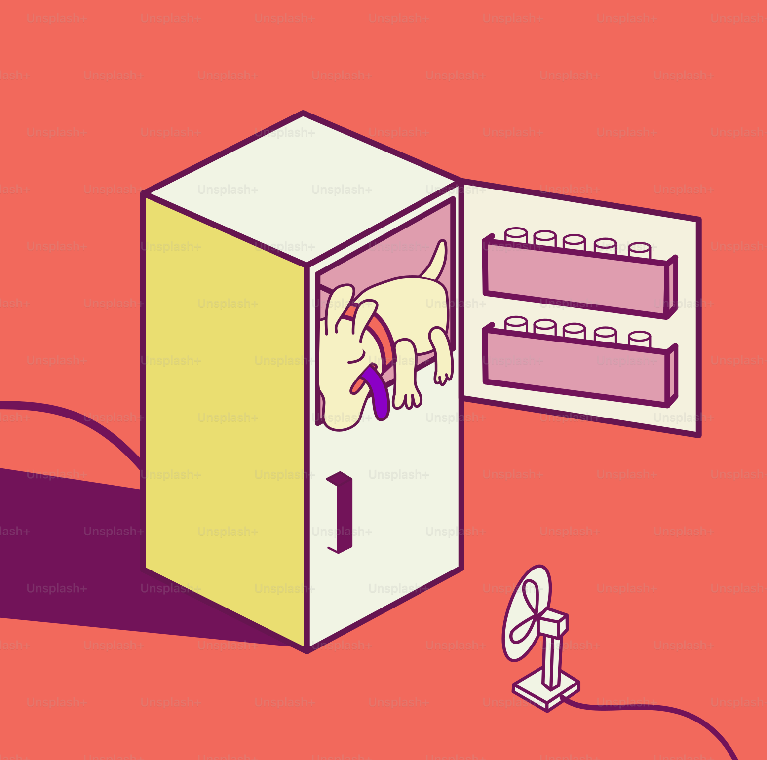 A cartoon dog sticking its head out of a refrigerator