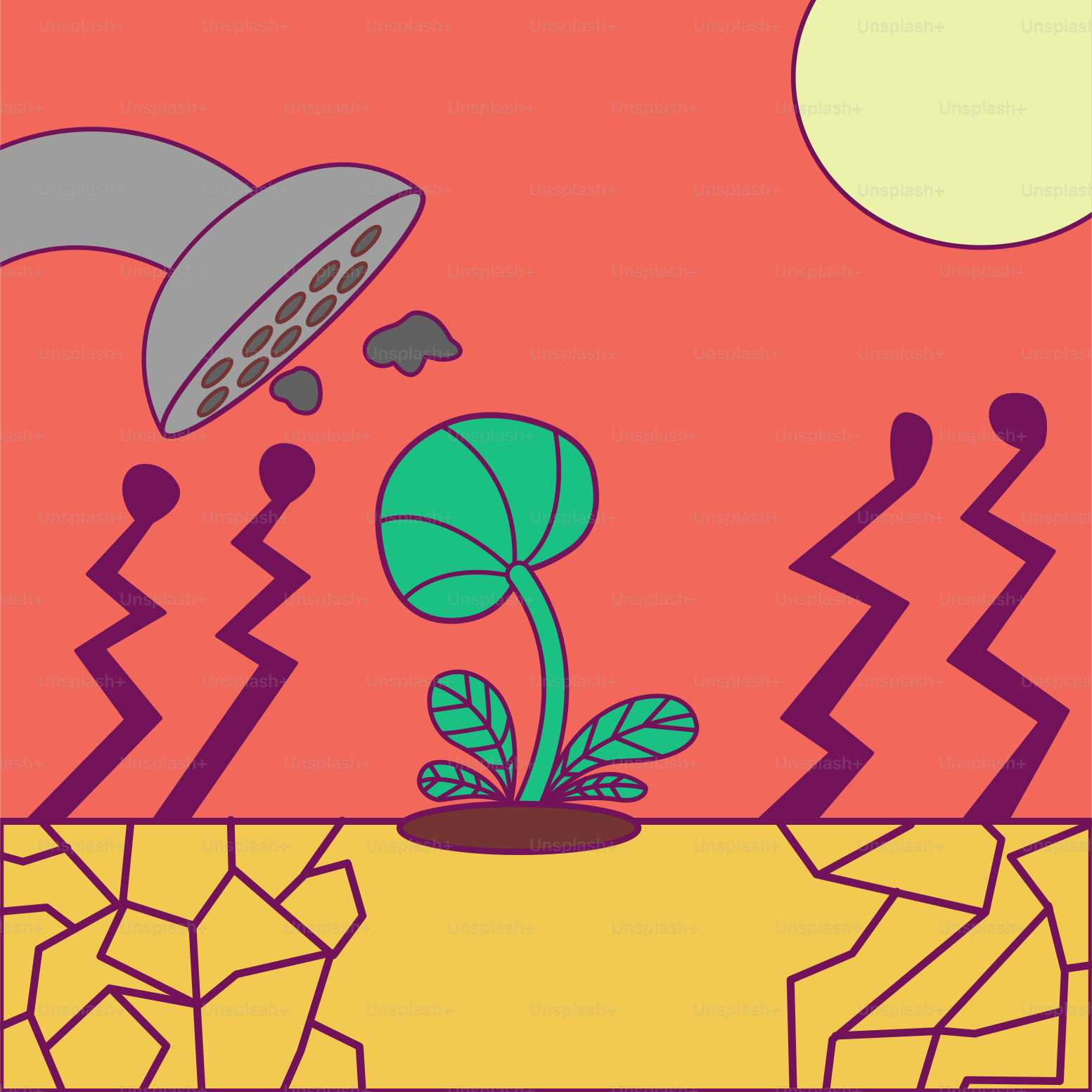 Una pintura de una planta en maceta con un sol de fondo