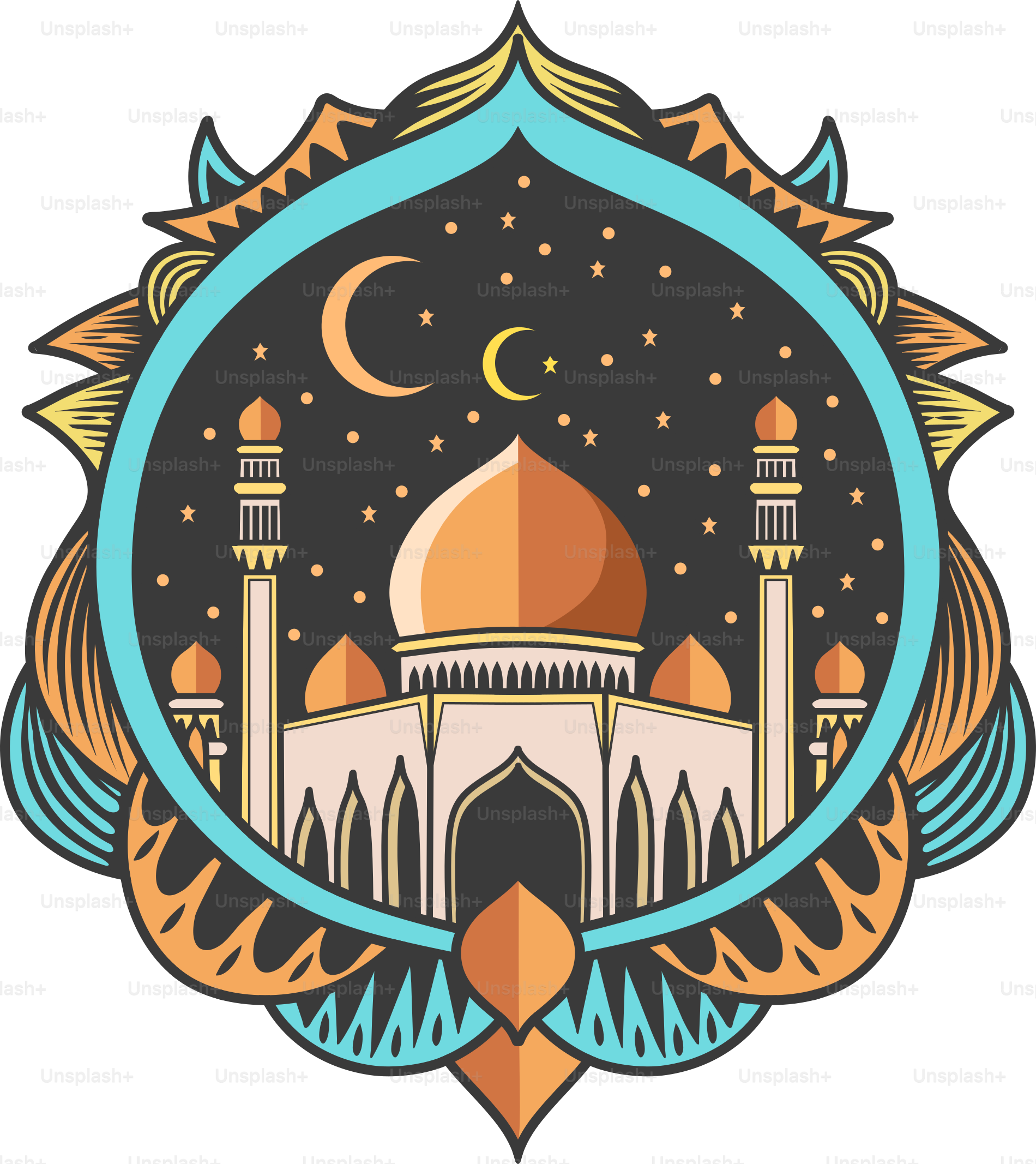 A picture of a mosque with a crescent around it