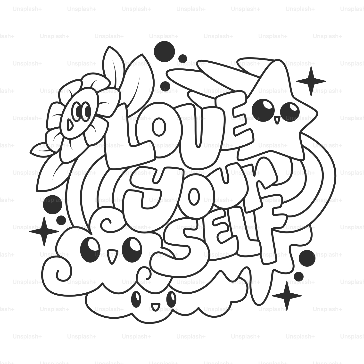 A black and white drawing of the word love you self